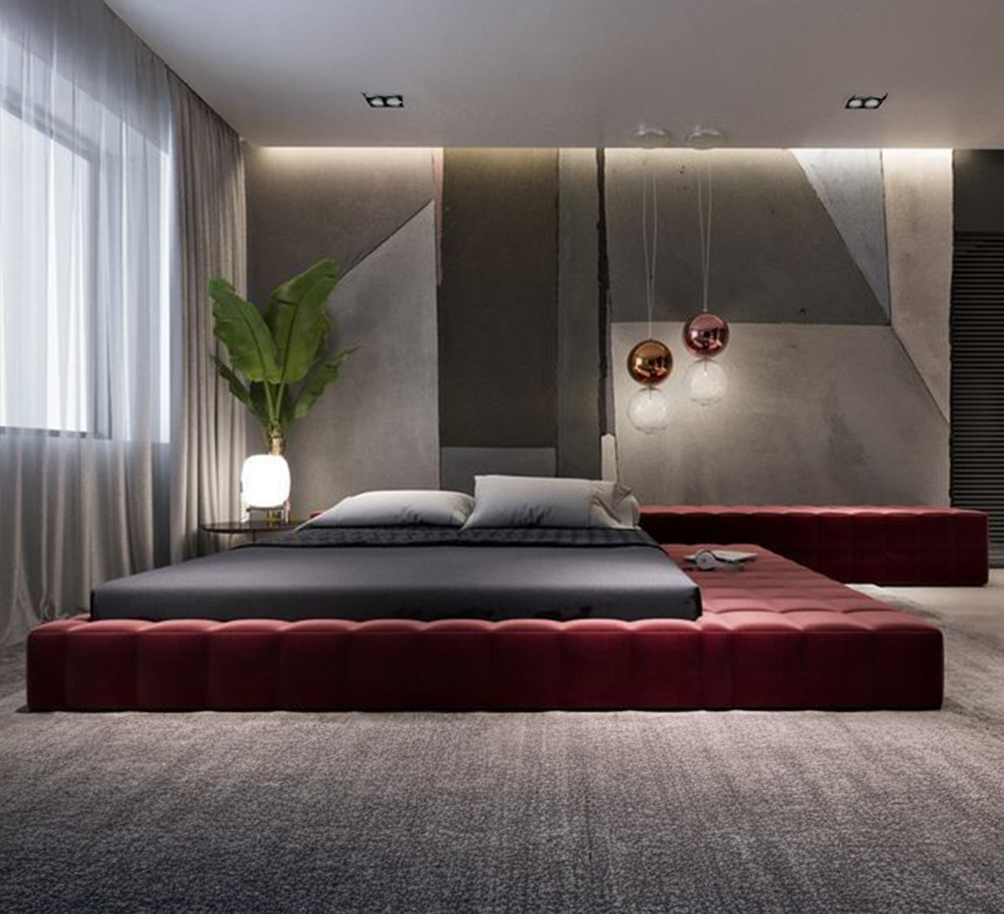 Dark burgundy upholstered platform bed - Vitrine Furniture - Furniture