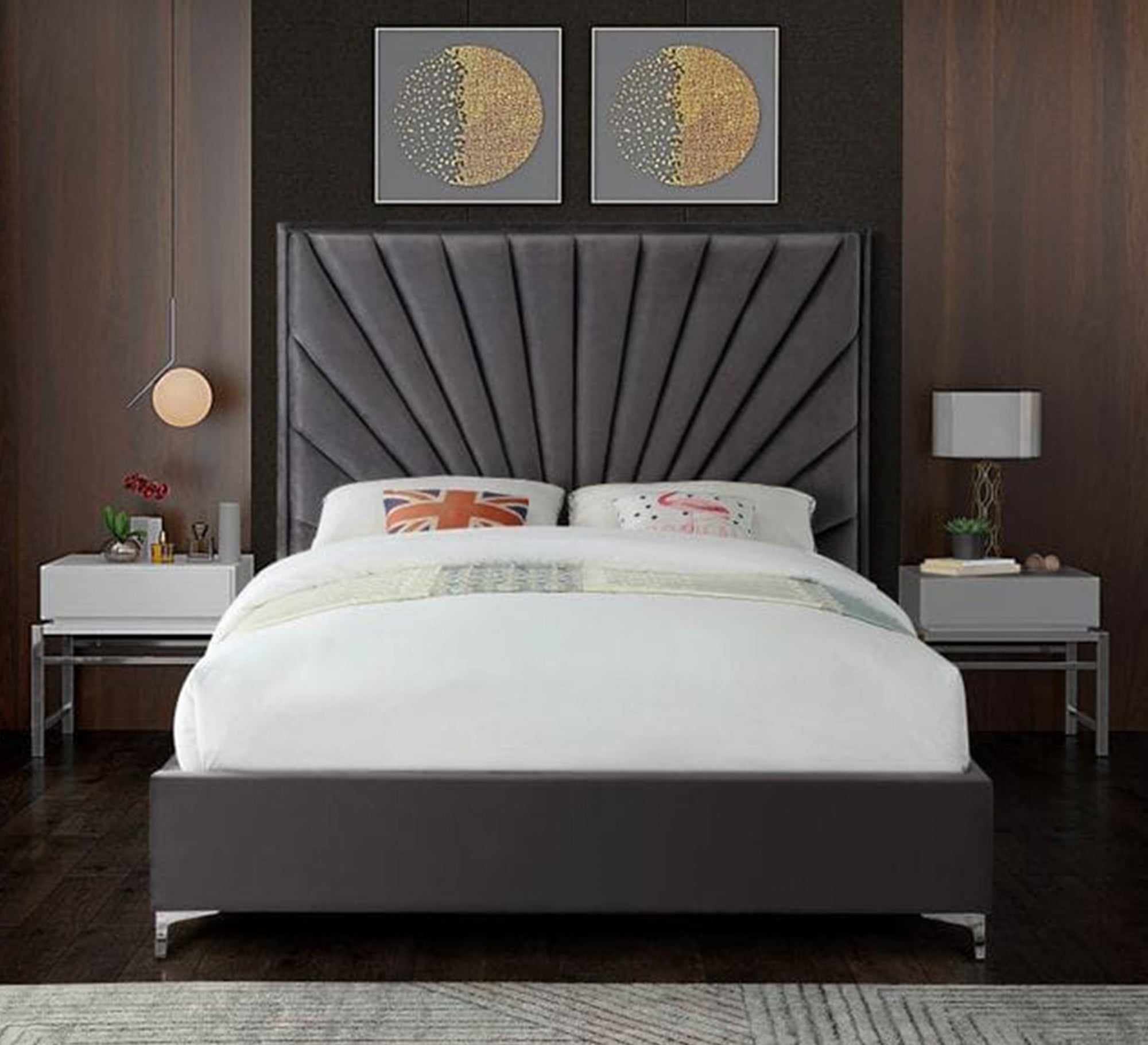 Dark gray bed with radial sunken lines - Vitrine Furniture - Furniture