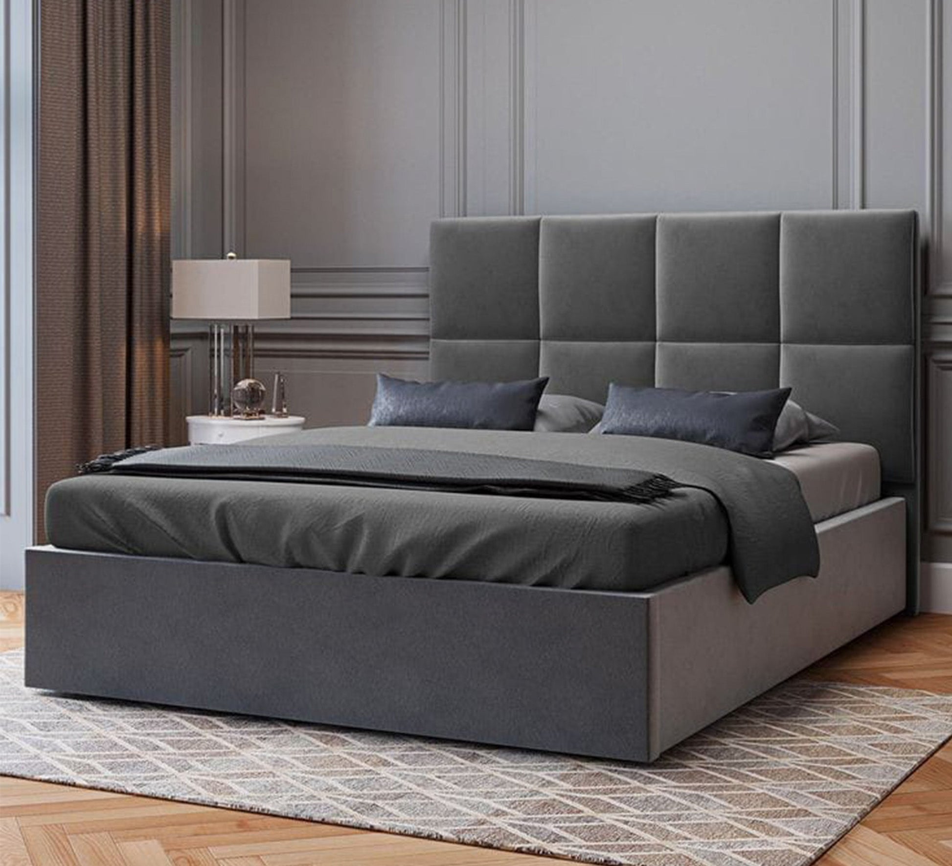 Dark gray bed with square headboard - Vitrine Furniture - Furniture