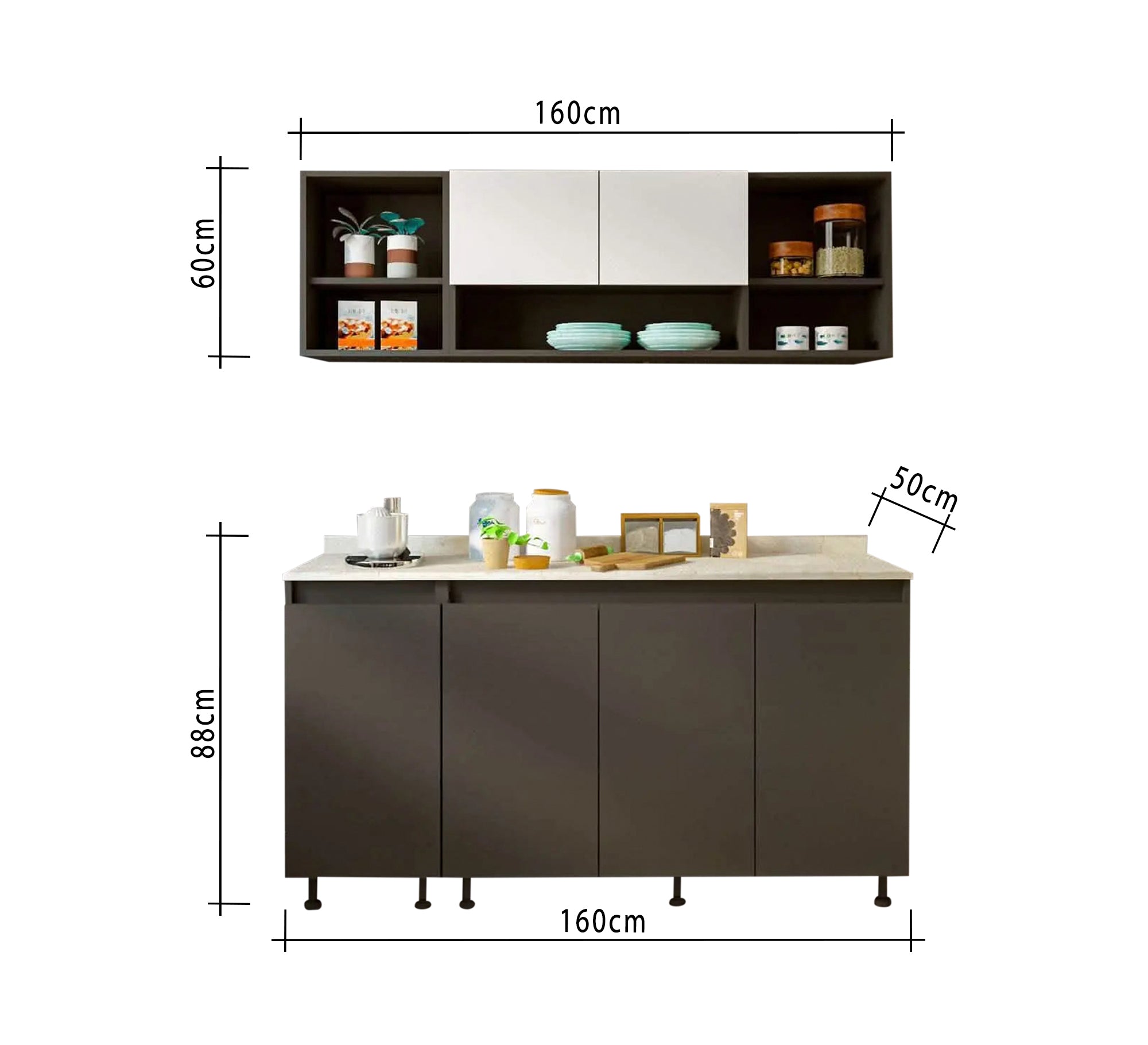 Dark kitchen unit with elegant upper and lower storage - Vitrine Furniture - Furniture