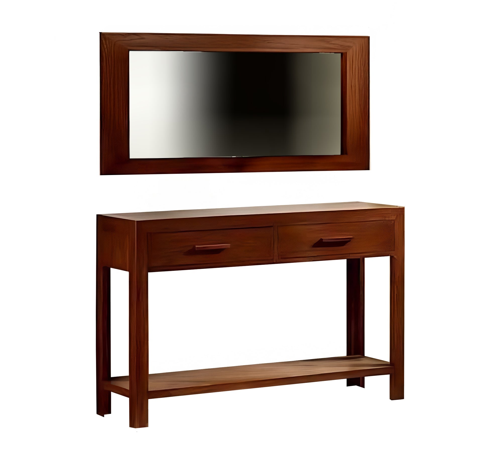 Dark wood console table with two drawers and a shelf with a rectangular mirror top - Vitrine Furniture - Furniture
