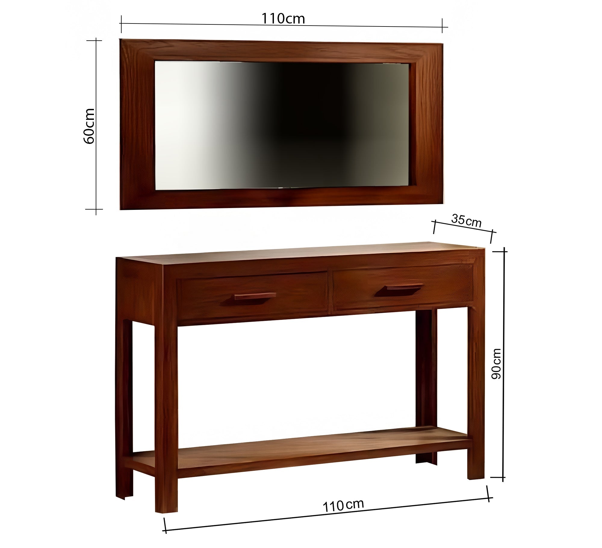 Dark wood console table with two drawers and a shelf with a rectangular mirror top - Vitrine Furniture - Furniture