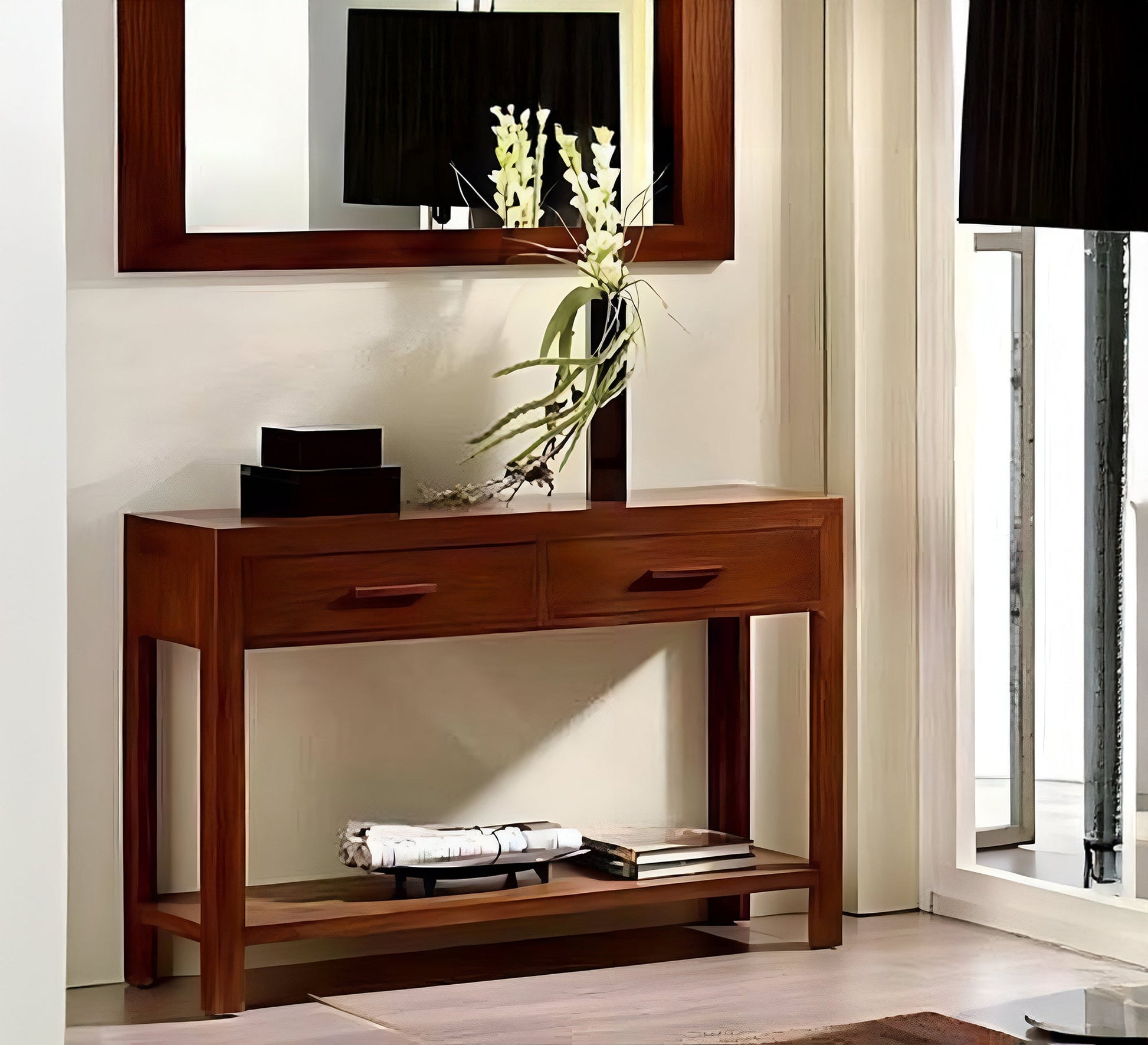 Dark wood console table with two drawers and a shelf with a rectangular mirror top - Vitrine Furniture - Furniture