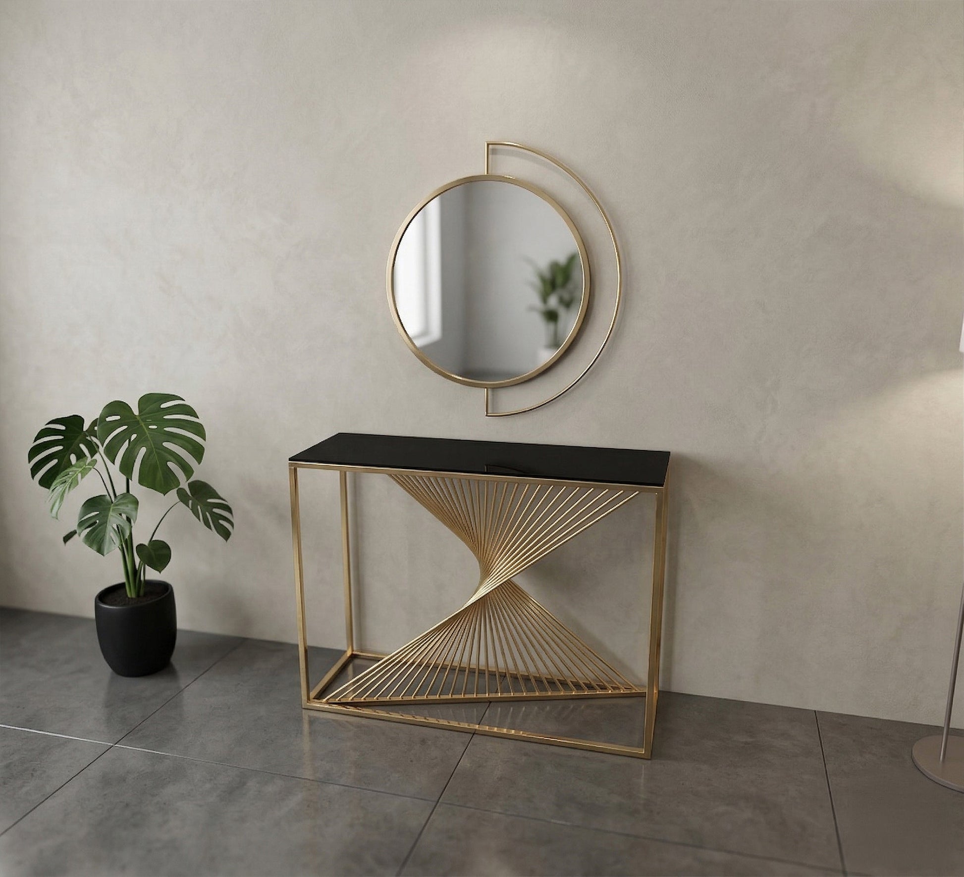 Decorative console and golden circular mirror - Vitrine Furniture - Console