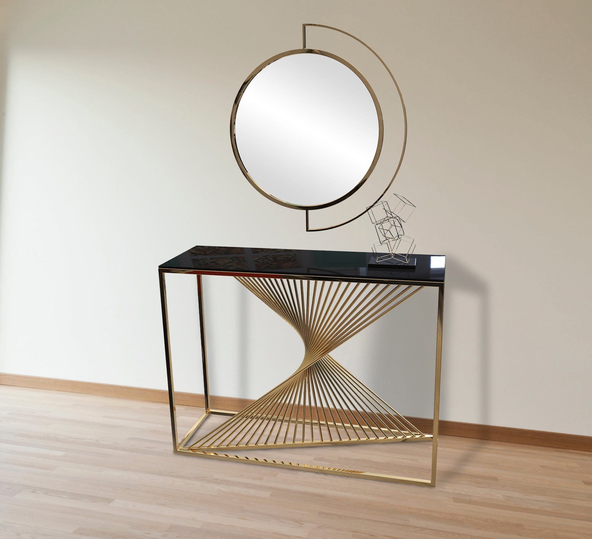 Decorative console and golden circular mirror - Vitrine Furniture - Furniture