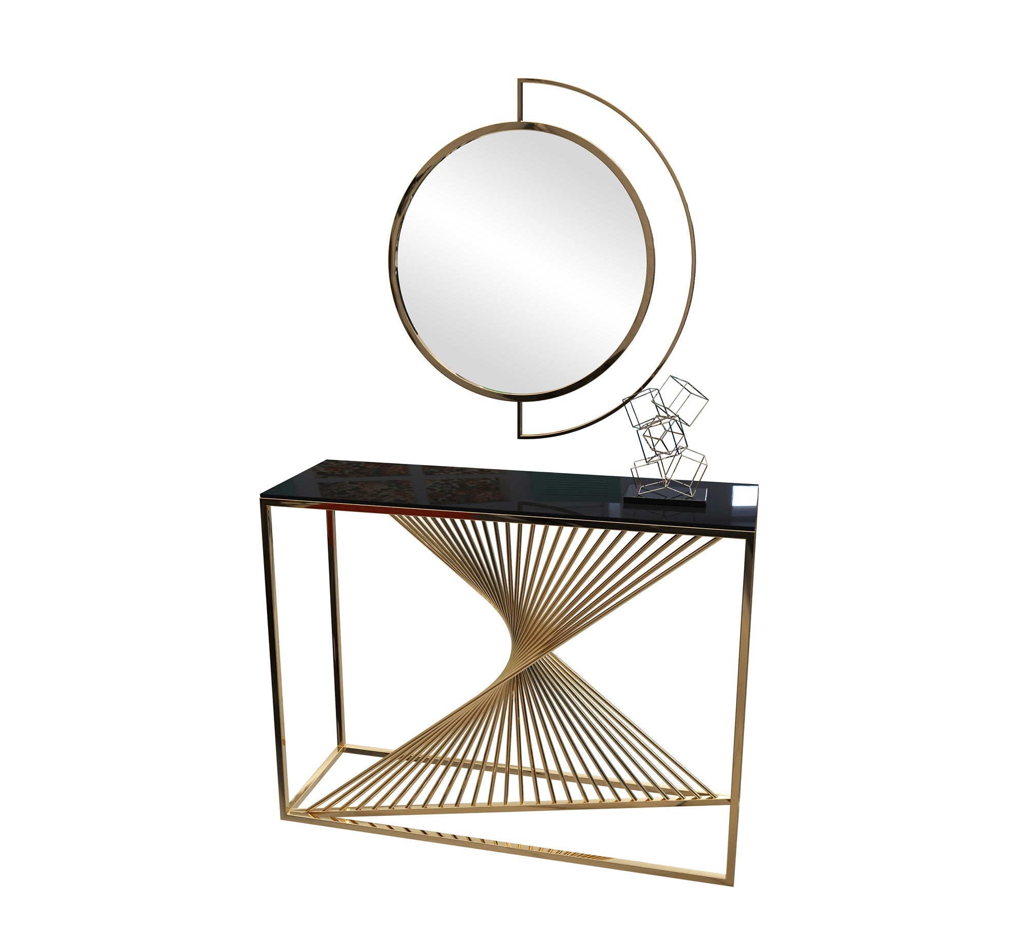 Decorative console and golden circular mirror - Vitrine Furniture - Furniture