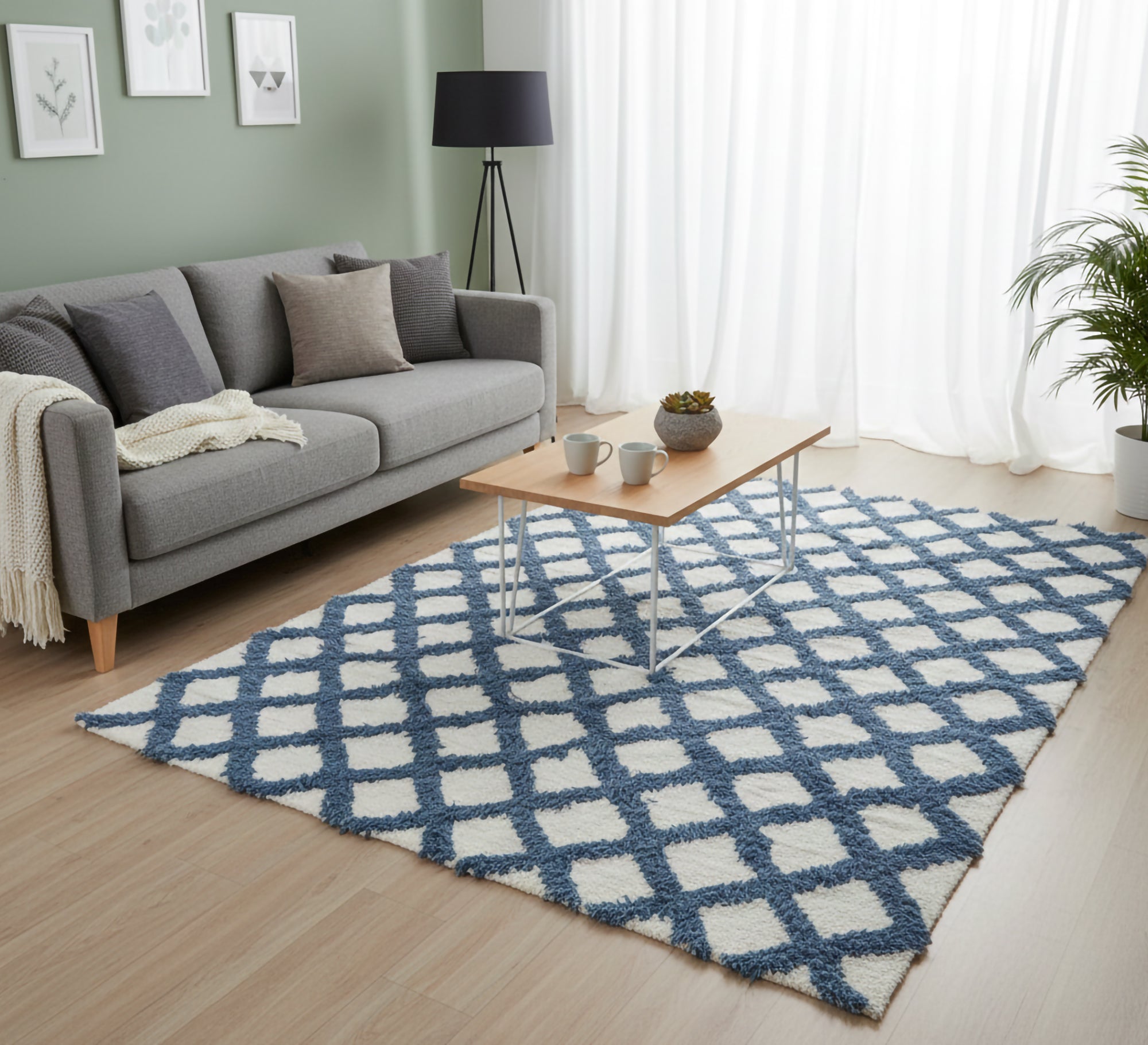 Dense pile rug with a blue diamond net pattern - Vitrine Furniture - Accessories