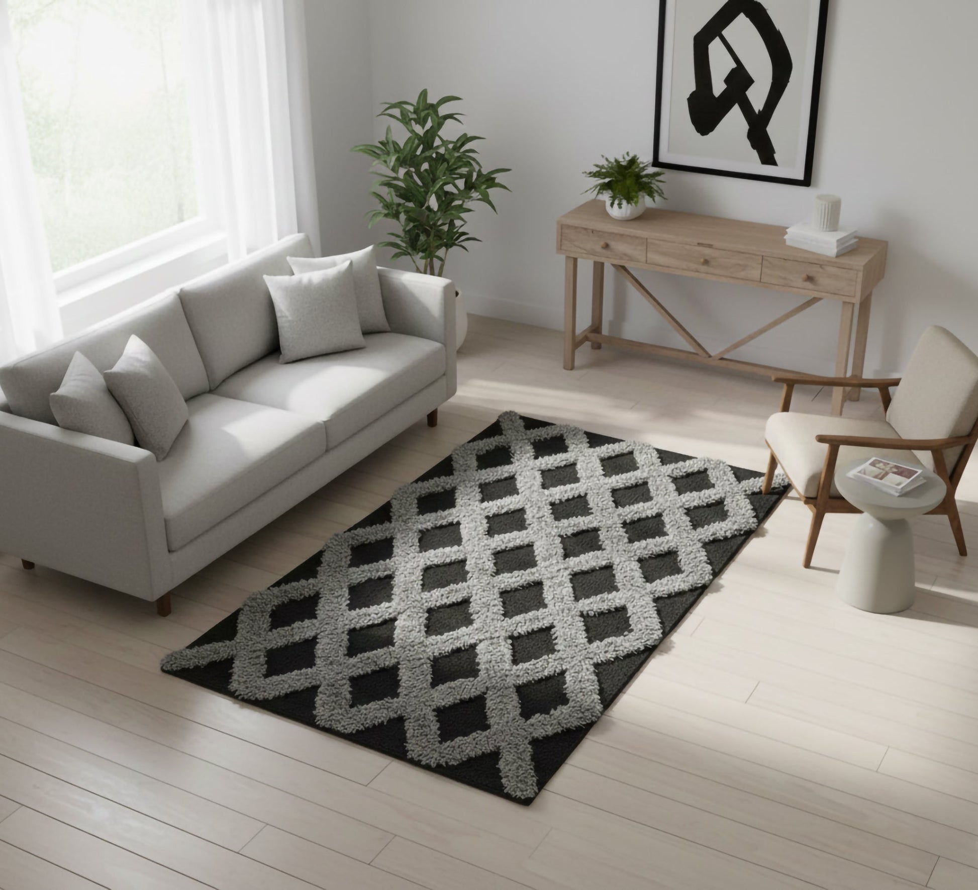 Dense pile rug with a gray diamond net pattern - Vitrine Furniture - Accessories