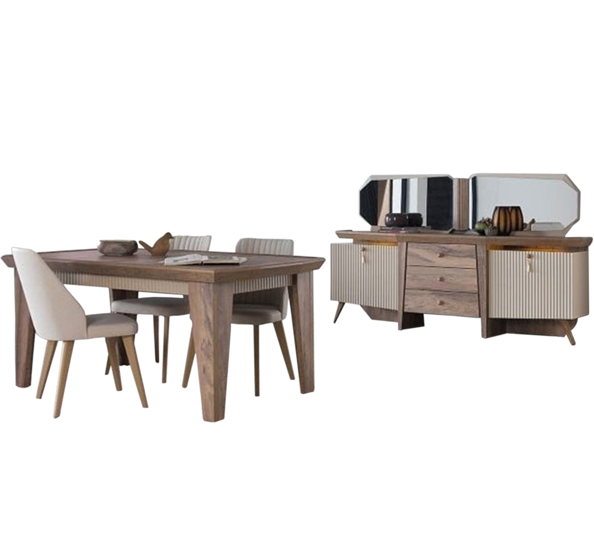 Dining room in a coffee color, ribbed wood - Vitrine Furniture - Sets