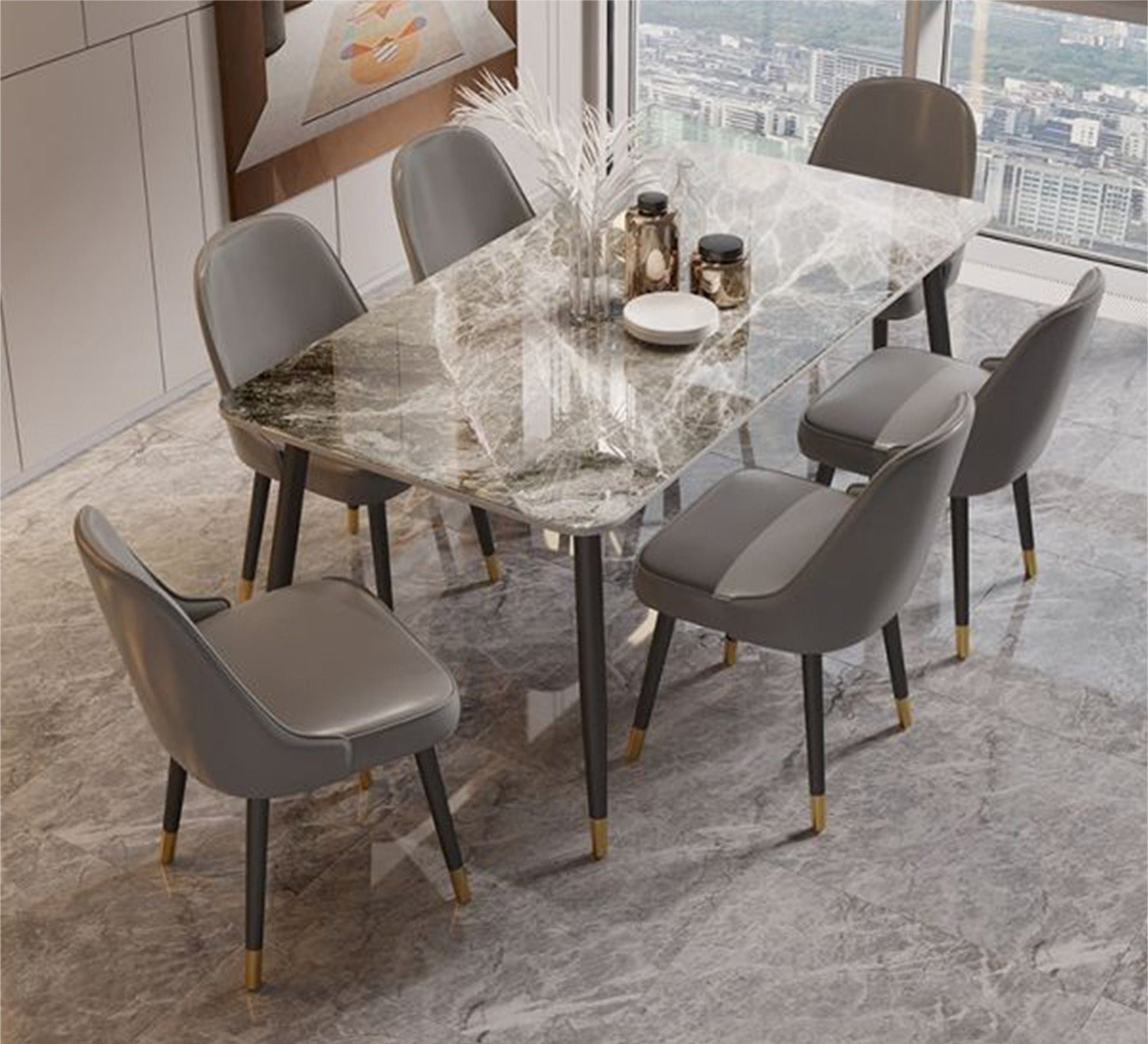 Dining Set: Modern Table with 6 Grey Chairs - Vitrine Furniture - Furniture