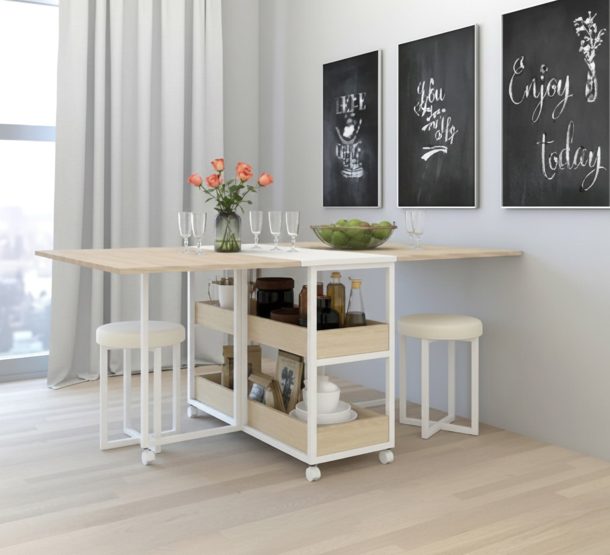 Dining table with decorative shelves and two chairs – Vitrine Furniture