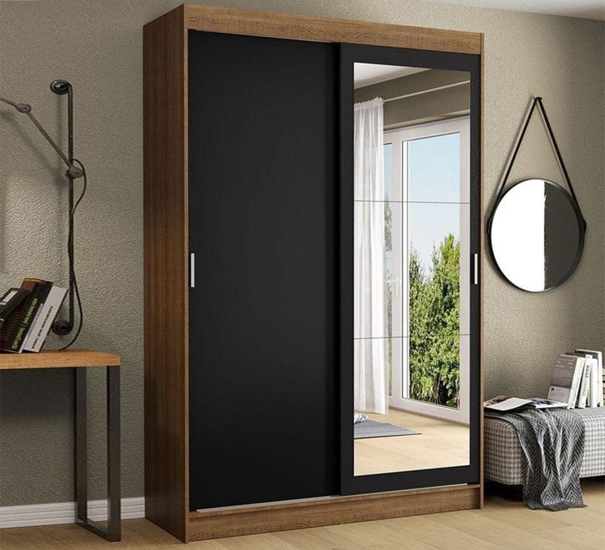 Double - door sliding wardrobe, black and beige - Vitrine Furniture - Furniture