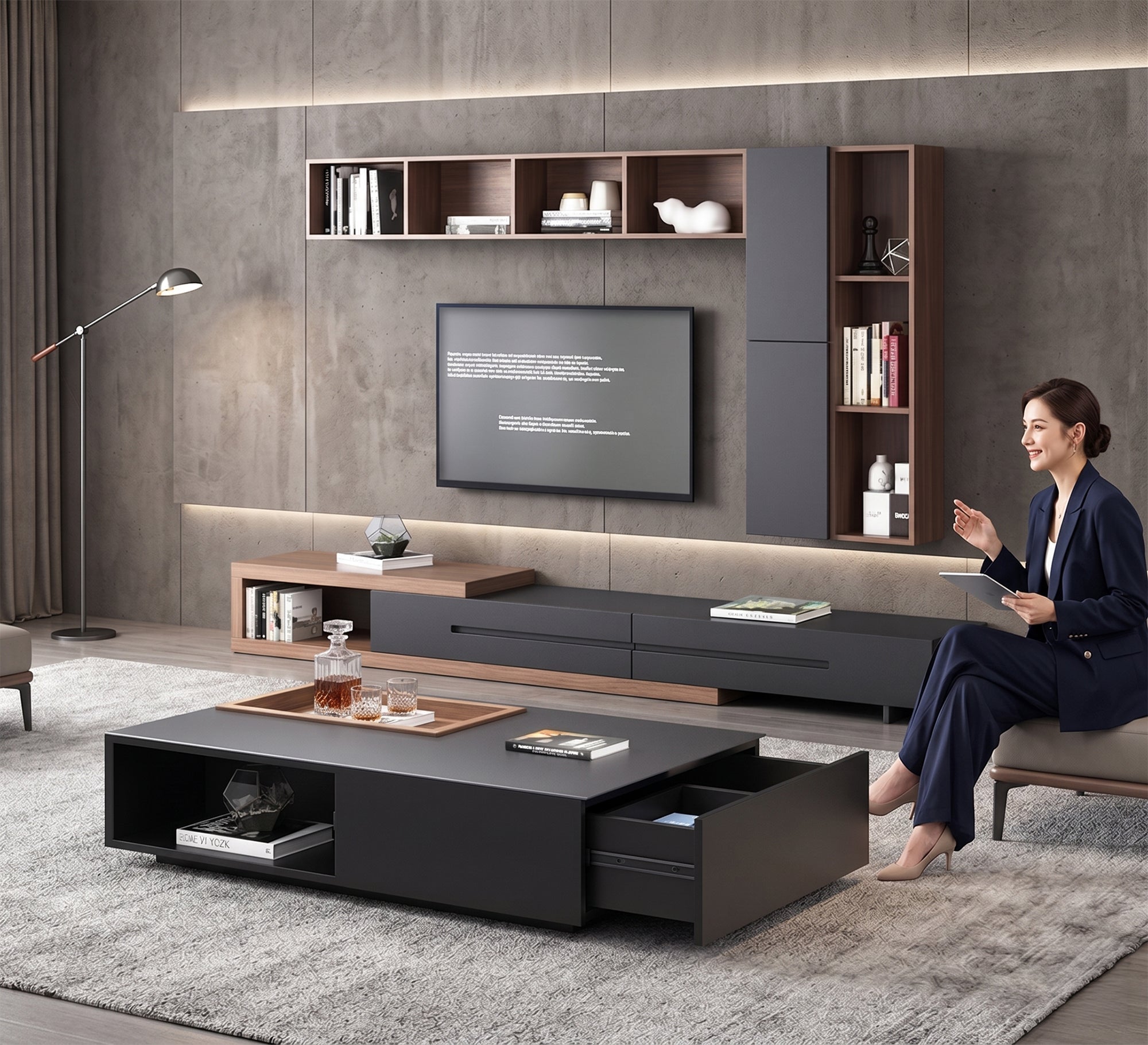 Elegance Black TV Unit: Sleek Design with Upper Shelves - Vitrine Furniture - TV Table & Cabinet