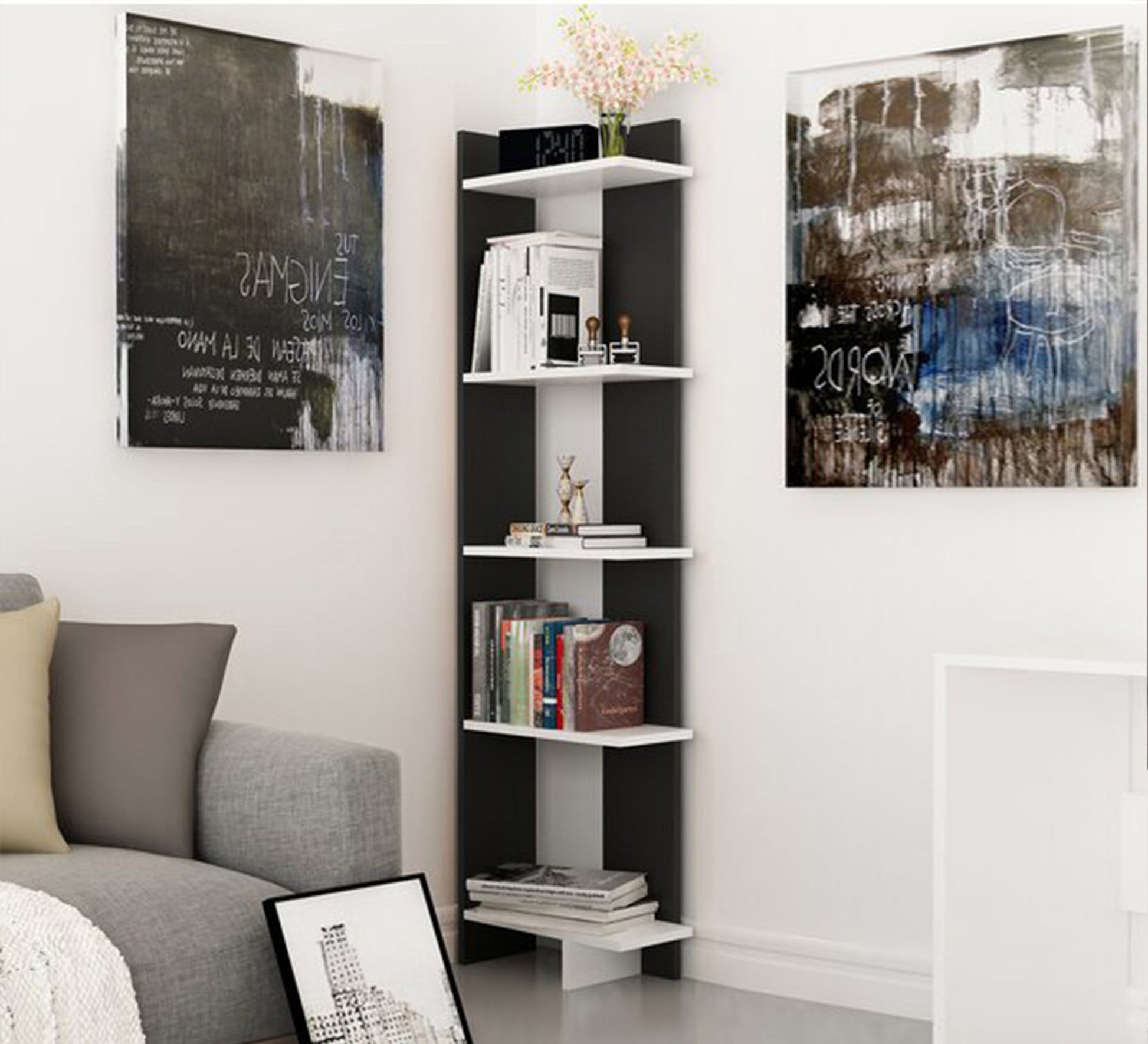 Elegance Decor: Black & White Corner Shelf Accent - Vitrine Furniture - Furniture