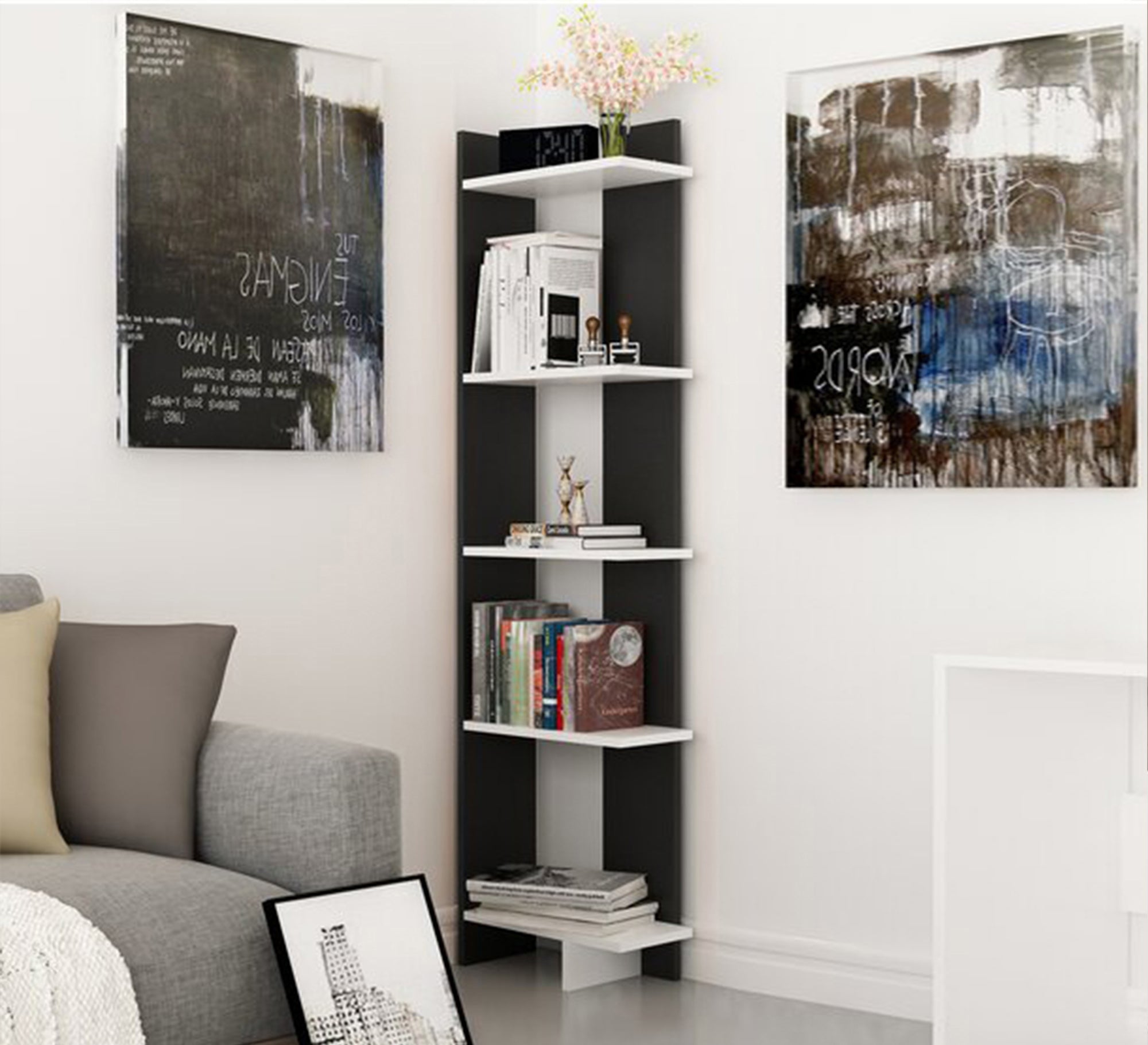 Elegance Decor: Black & White Corner Shelf Accent - Vitrine Furniture - Furniture
