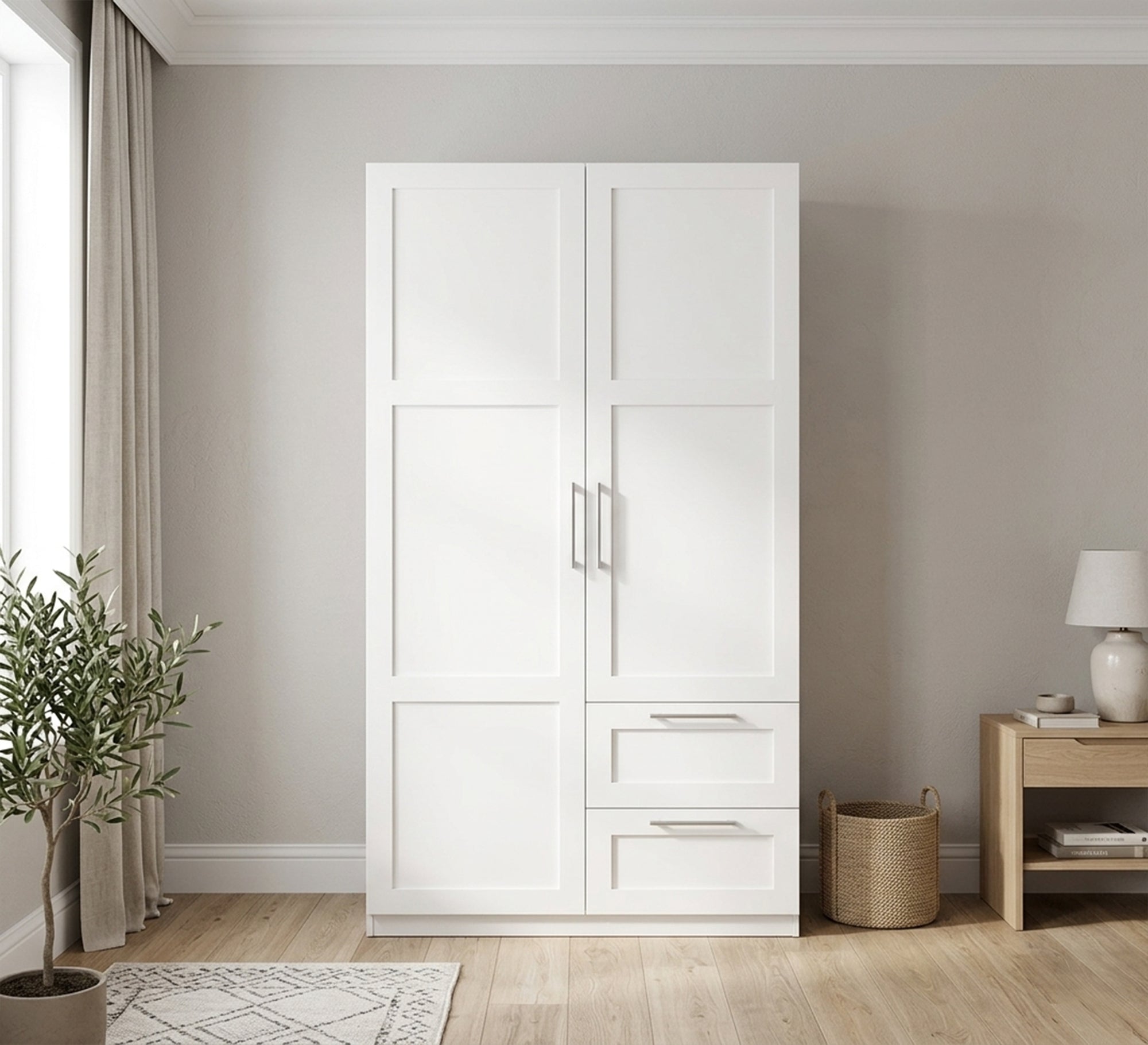 Elegance Home with White Cupboard and Sleek Ruled Handles - Vitrine Furniture - Wardrobes