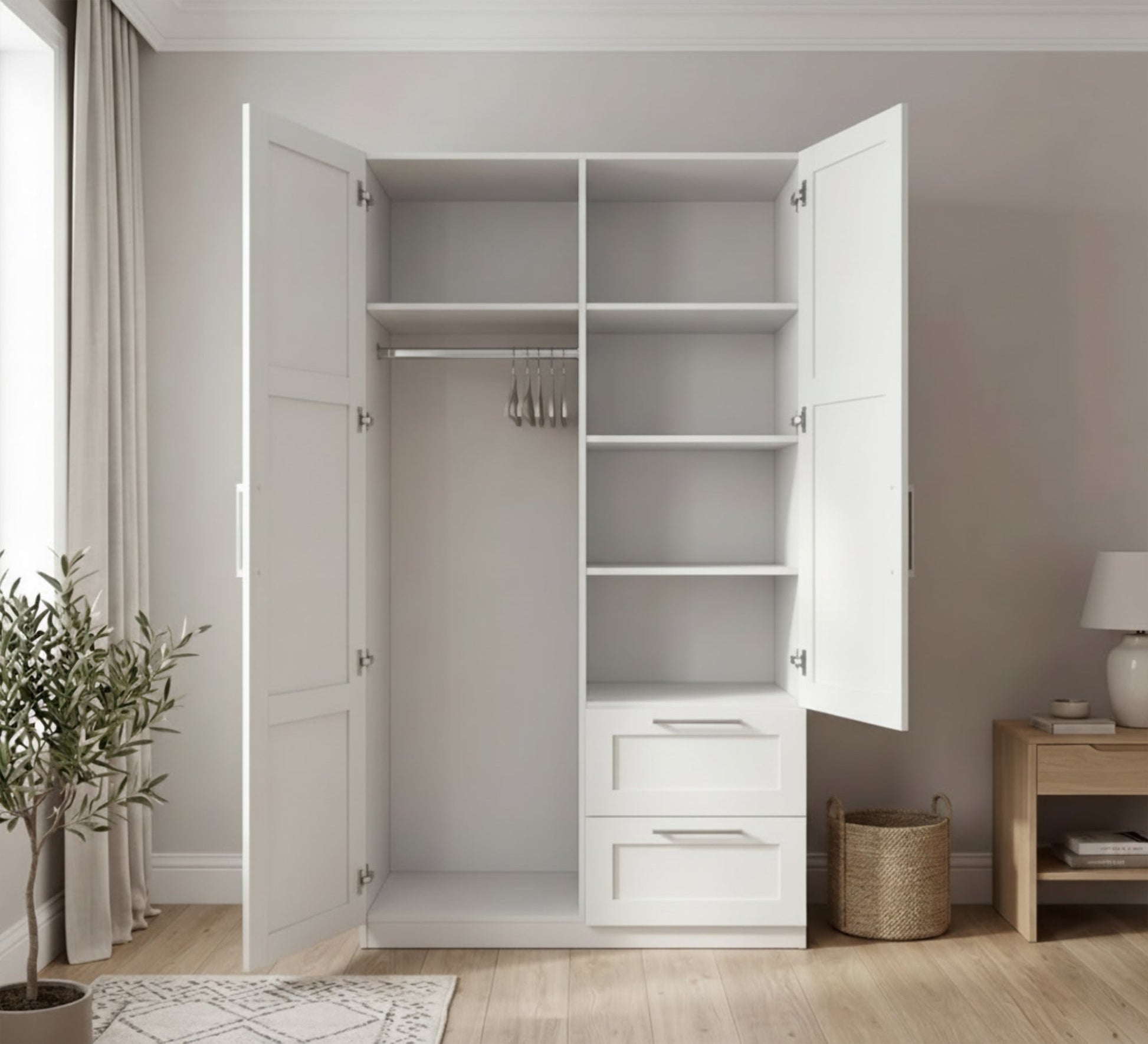 Elegance Home with White Cupboard and Sleek Ruled Handles - Vitrine Furniture - Wardrobes