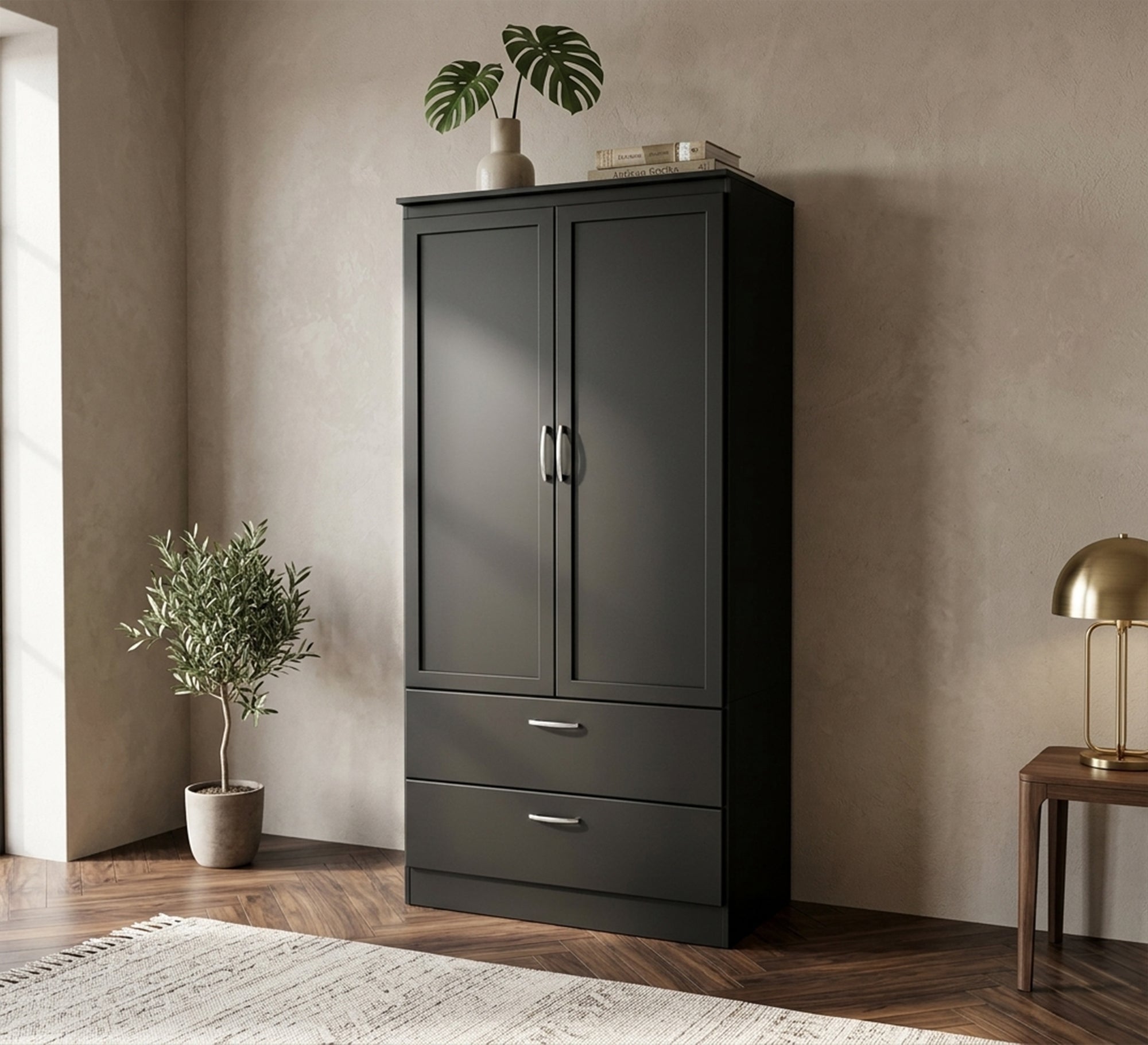 Elegance Modern Black Cupboard with Ruled Handles - Vitrine Furniture - Wardrobes