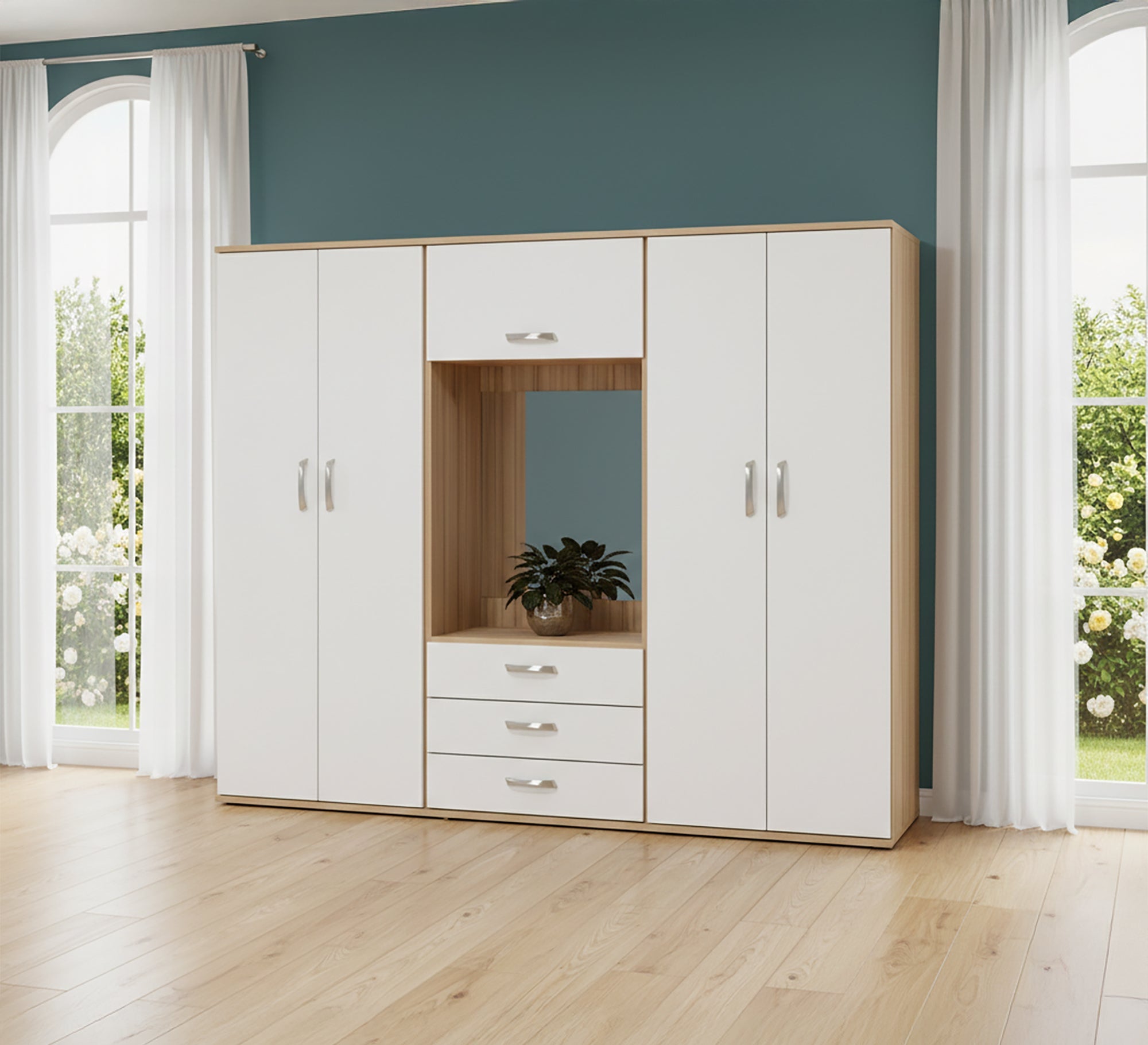 Elegance Wardrobe: 4 - Door Storage With Central White Dresser - Vitrine Furniture - Furniture
