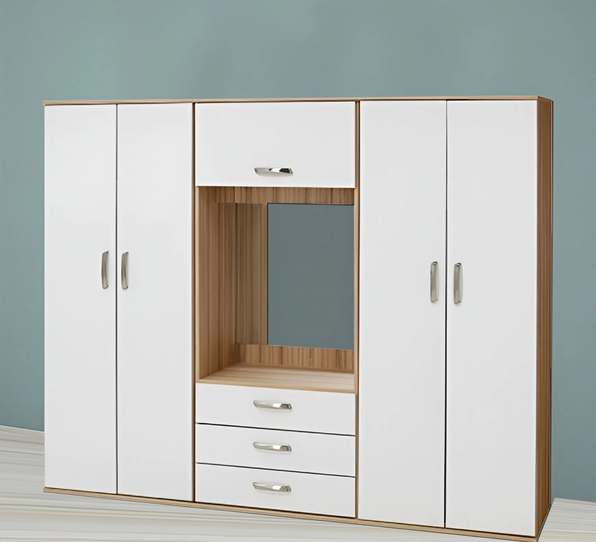 Elegance Wardrobe: 4 - Door Storage With Central White Dresser - Vitrine Furniture - Furniture