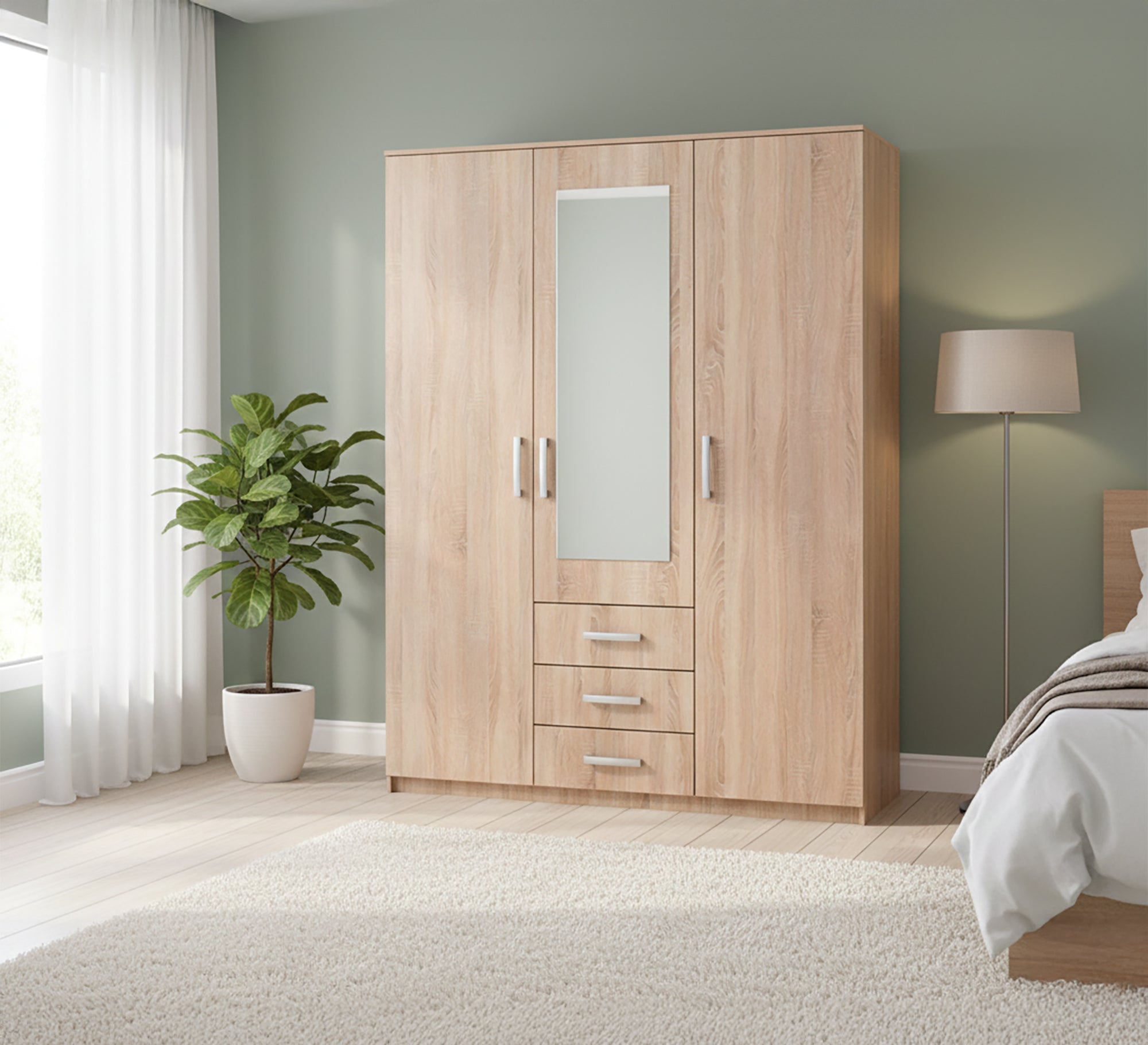 Elegance Wardrobe: Beige, 3 - Door, Mirror, 3 Drawers - Vitrine Furniture - Furniture