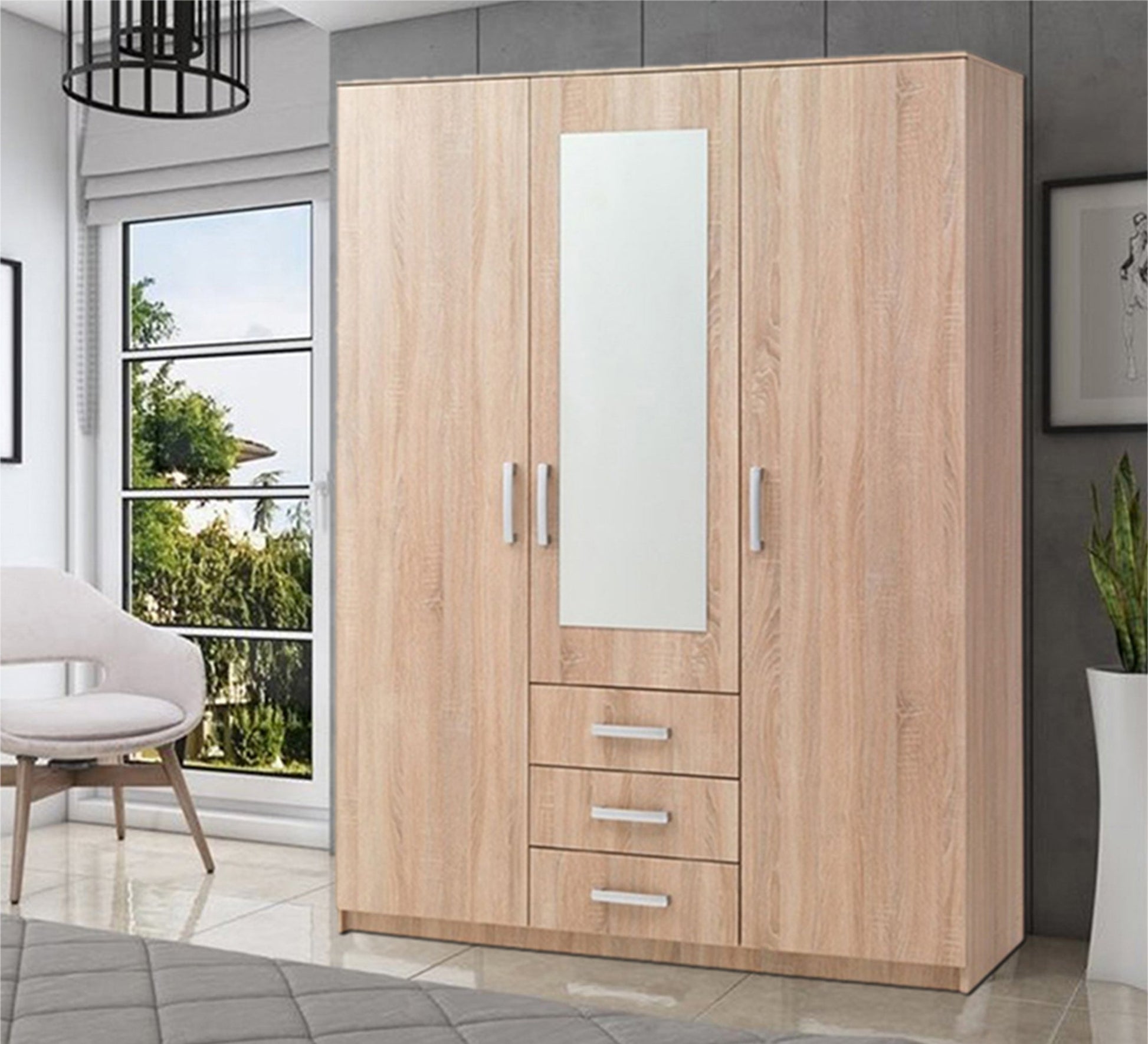 Elegance Wardrobe: Beige, 3 - Door, Mirror, 3 Drawers - Vitrine Furniture - Furniture