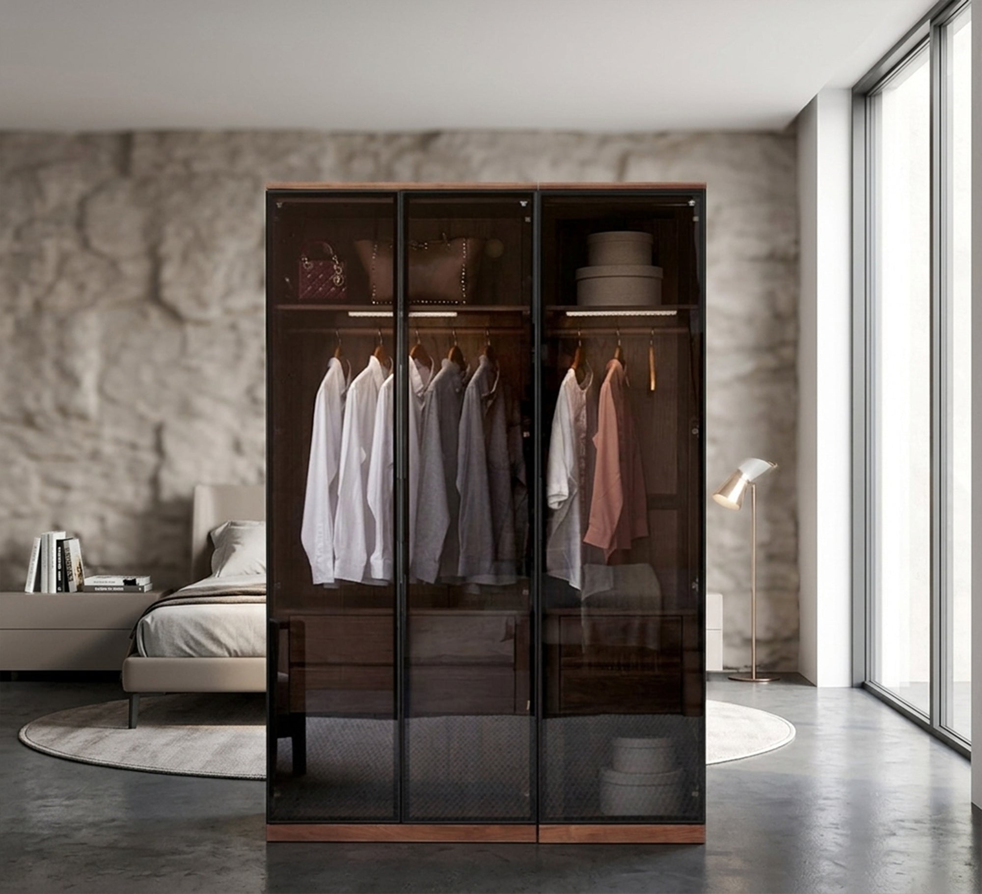 Elegance Wardrobe with Chic Glass Leaf Design, Modern Flair - Vitrine Furniture - Wardrobes