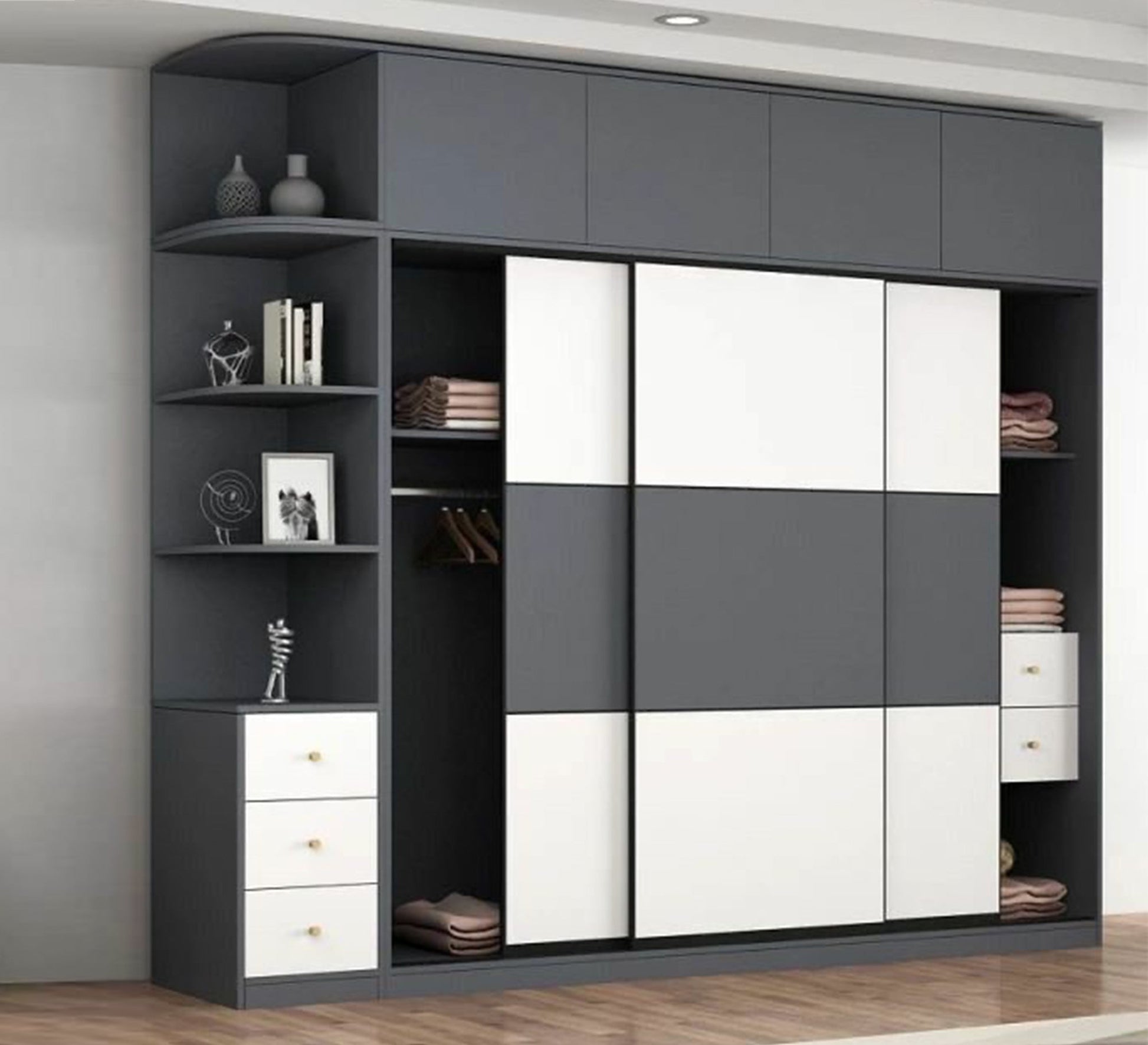 Elegance Wardrobe with Large, Dark Gray & White Storage Solution - Vitrine Furniture - Furniture