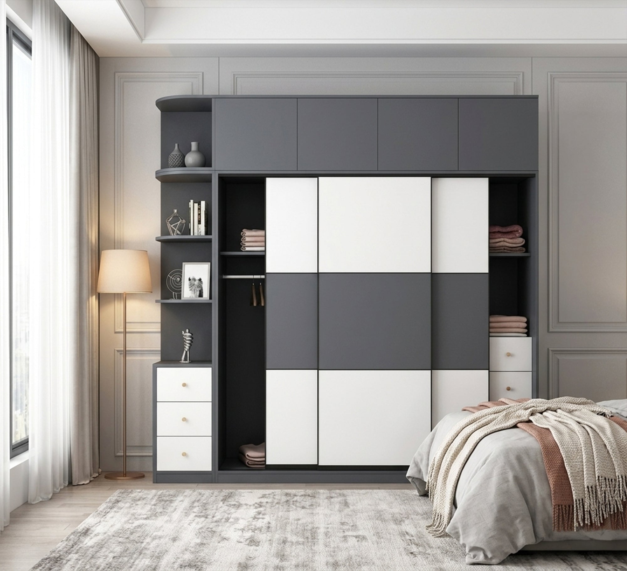Elegance Wardrobe with Large, Dark Gray & White Storage Solution - Vitrine Furniture - Wardrobes