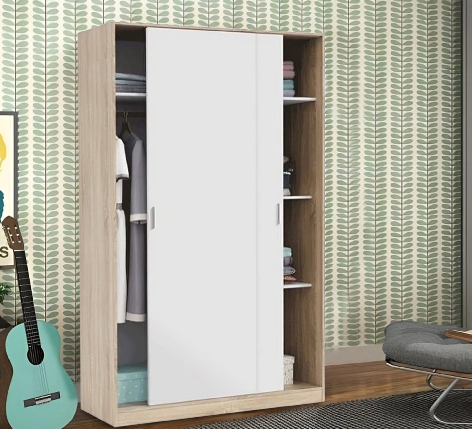 Elegance Wardrobe with White & Beige Drag Leaf, Stylish & Spacious - Vitrine Furniture - Furniture