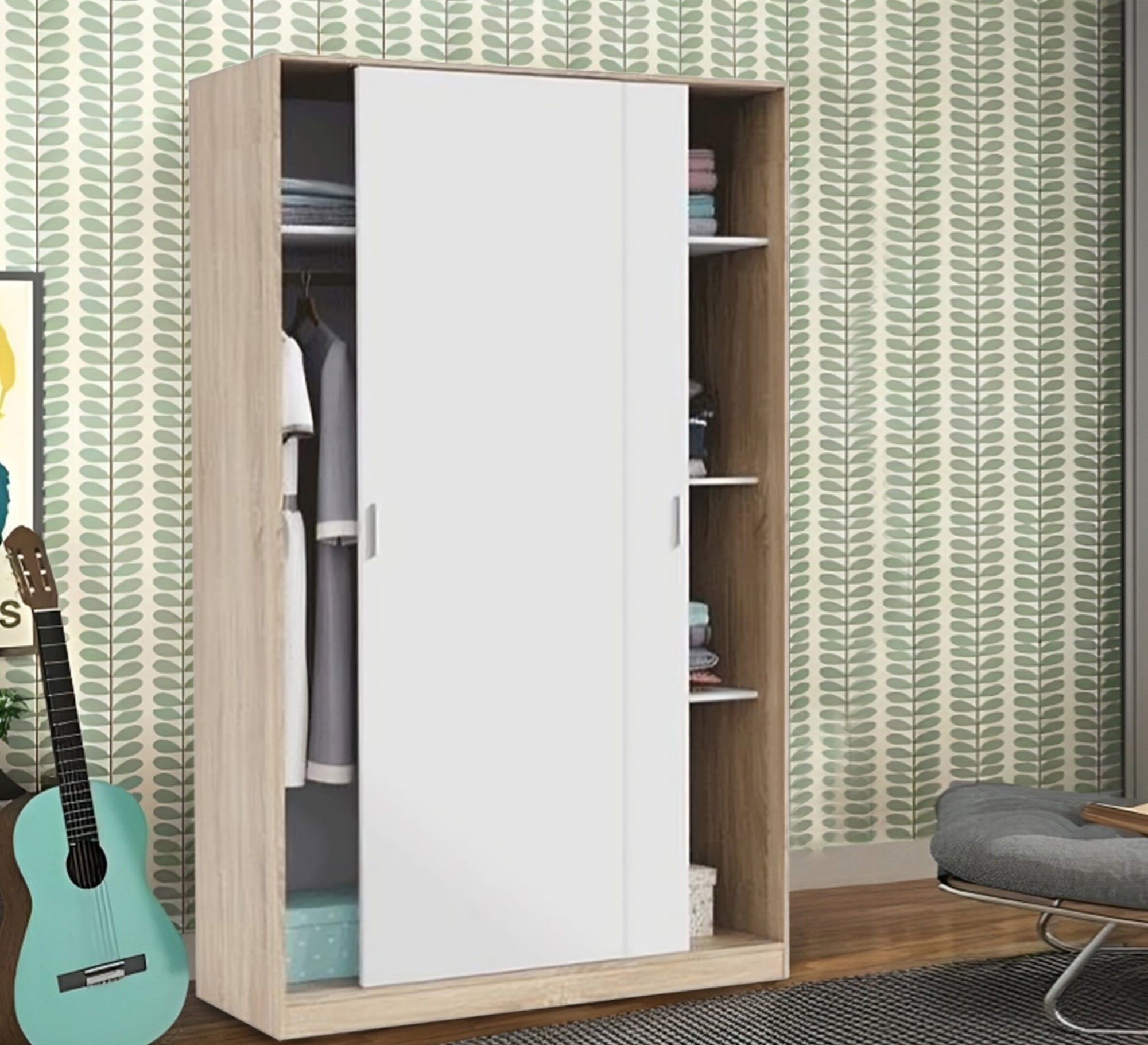 Elegance Wardrobe with White & Beige Drag Leaf, Stylish & Spacious - Vitrine Furniture - Furniture