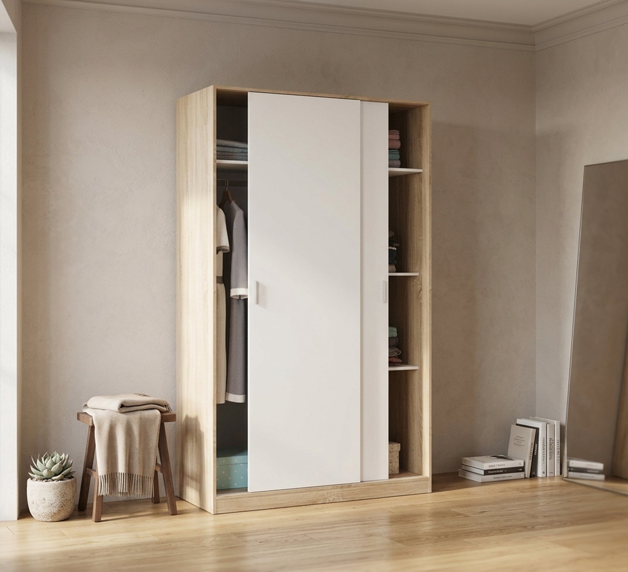 Elegance Wardrobe with White & Beige Drag Leaf, Stylish & Spacious - Vitrine Furniture - Wardrobes