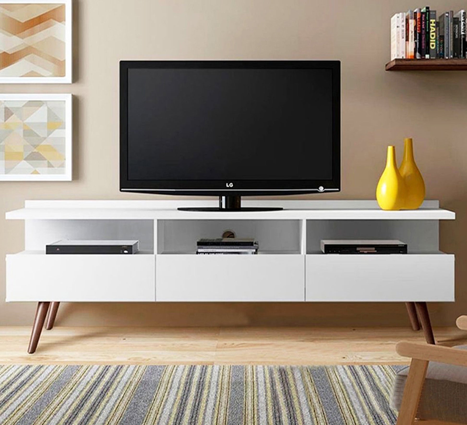 Elegance White TV Unit: Chic Slanted Legs, Sleek Design - Vitrine Furniture - TV Table & Cabinet