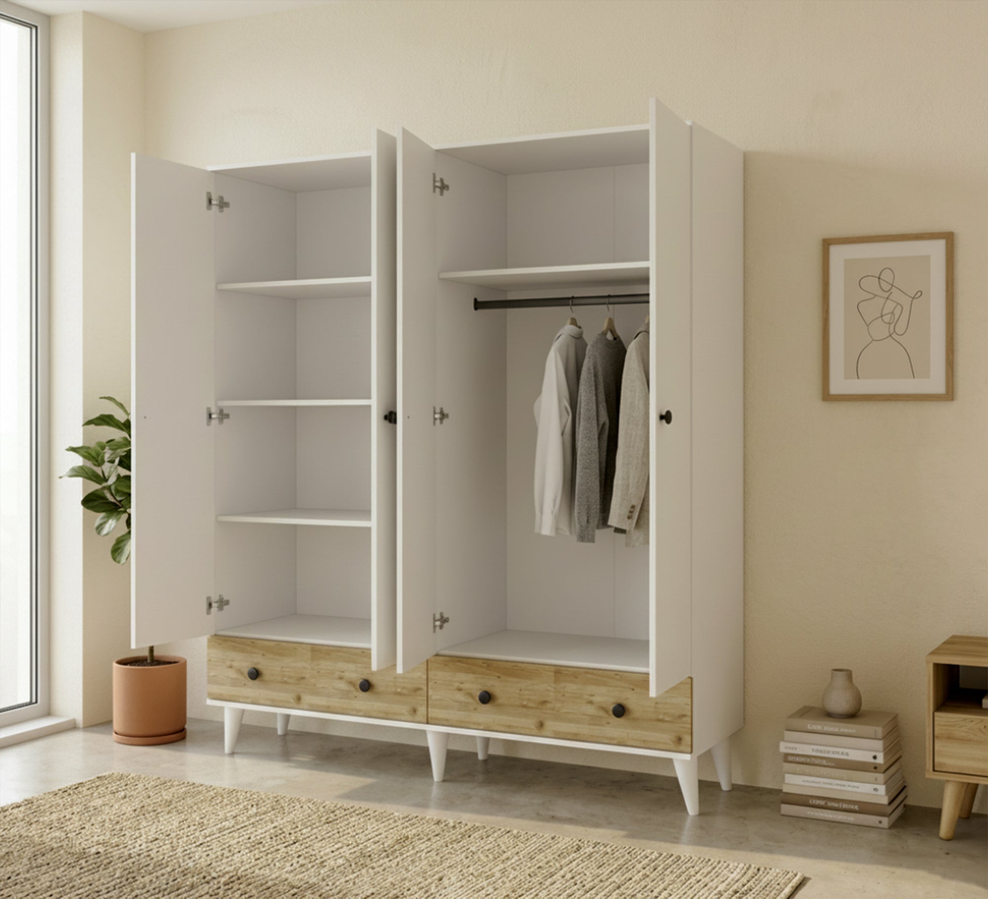 Elegance White Wardrobe with High - Leg Modern Design - Vitrine Furniture - Wardrobes