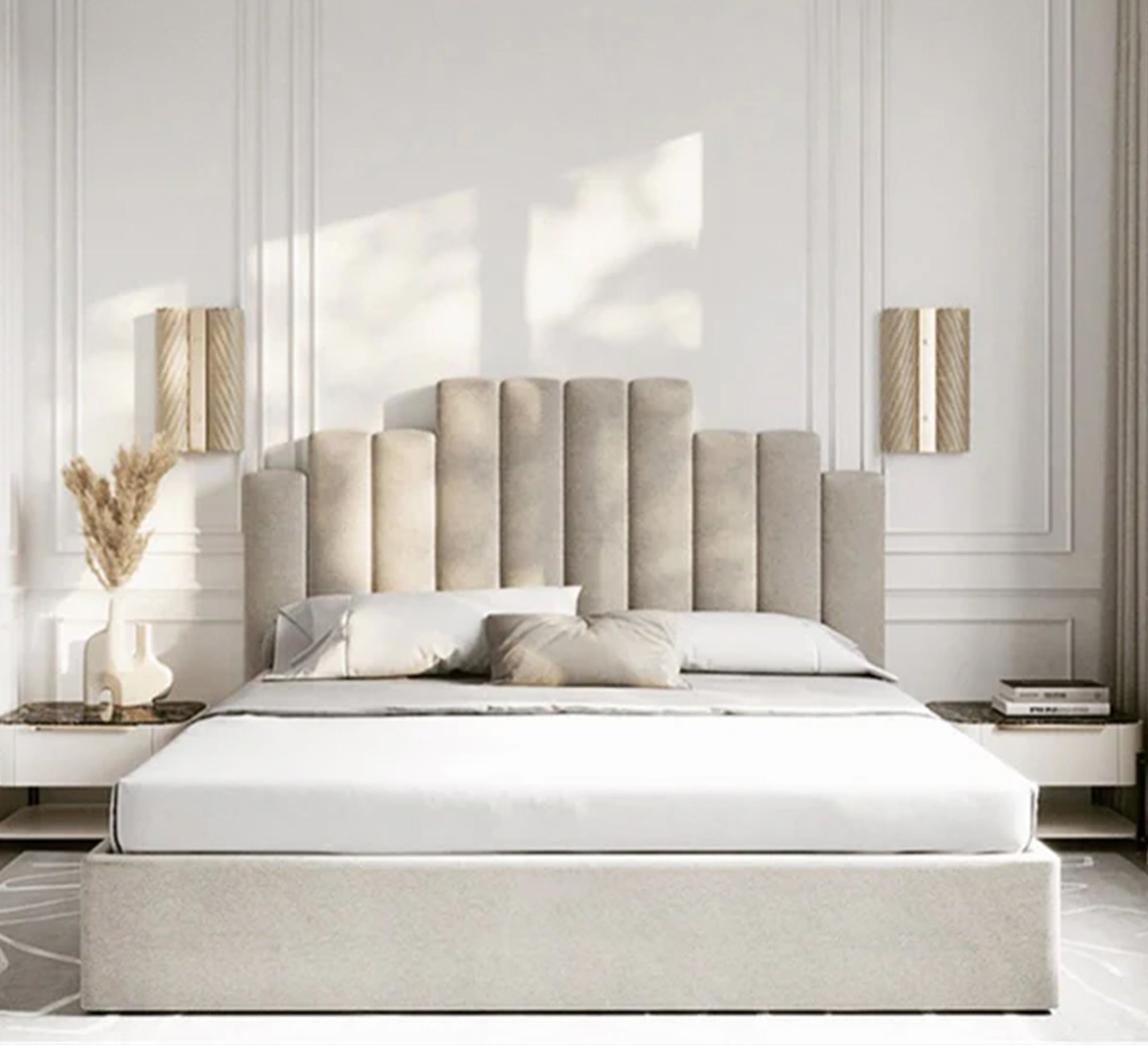 Elegant bed upholstered in calm, modern colors - Vitrine Furniture - Furniture