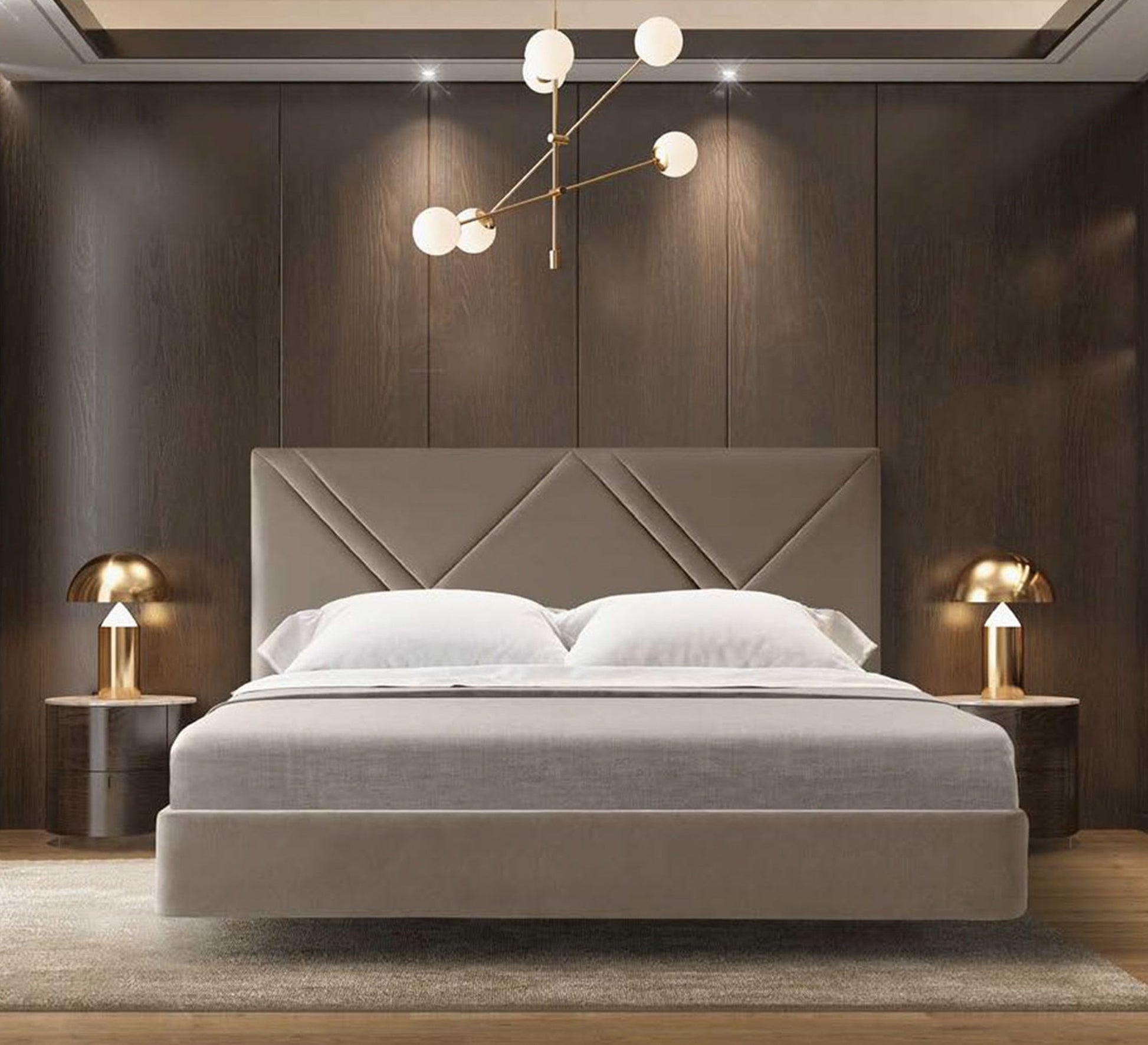 Elegant beige bed with a capitone headboard with diagonal stripes - Vitrine Furniture - Furniture