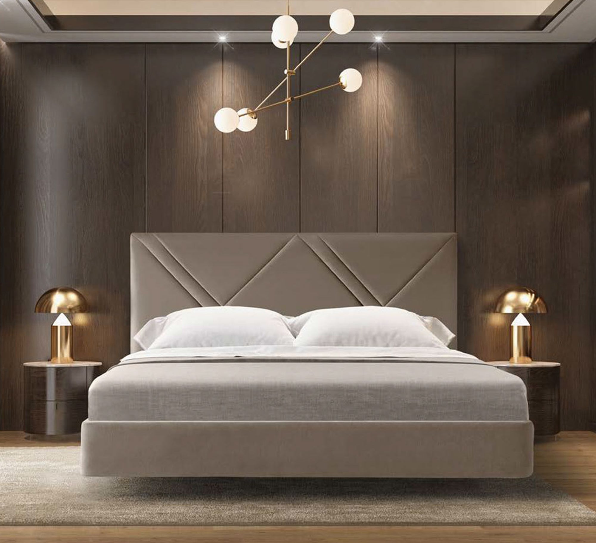 Elegant beige bed with a capitone headboard with diagonal stripes - Vitrine Furniture - Furniture