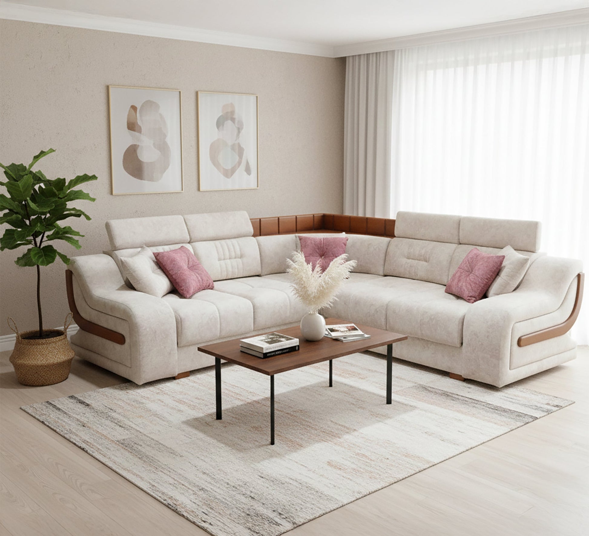 Elegant beige corner - Vitrine Furniture - L - shape sofa set