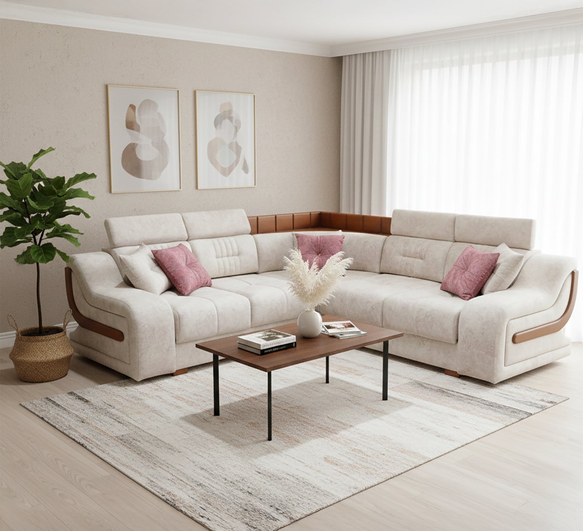 Elegant beige corner - Vitrine Furniture - L - shape sofa set