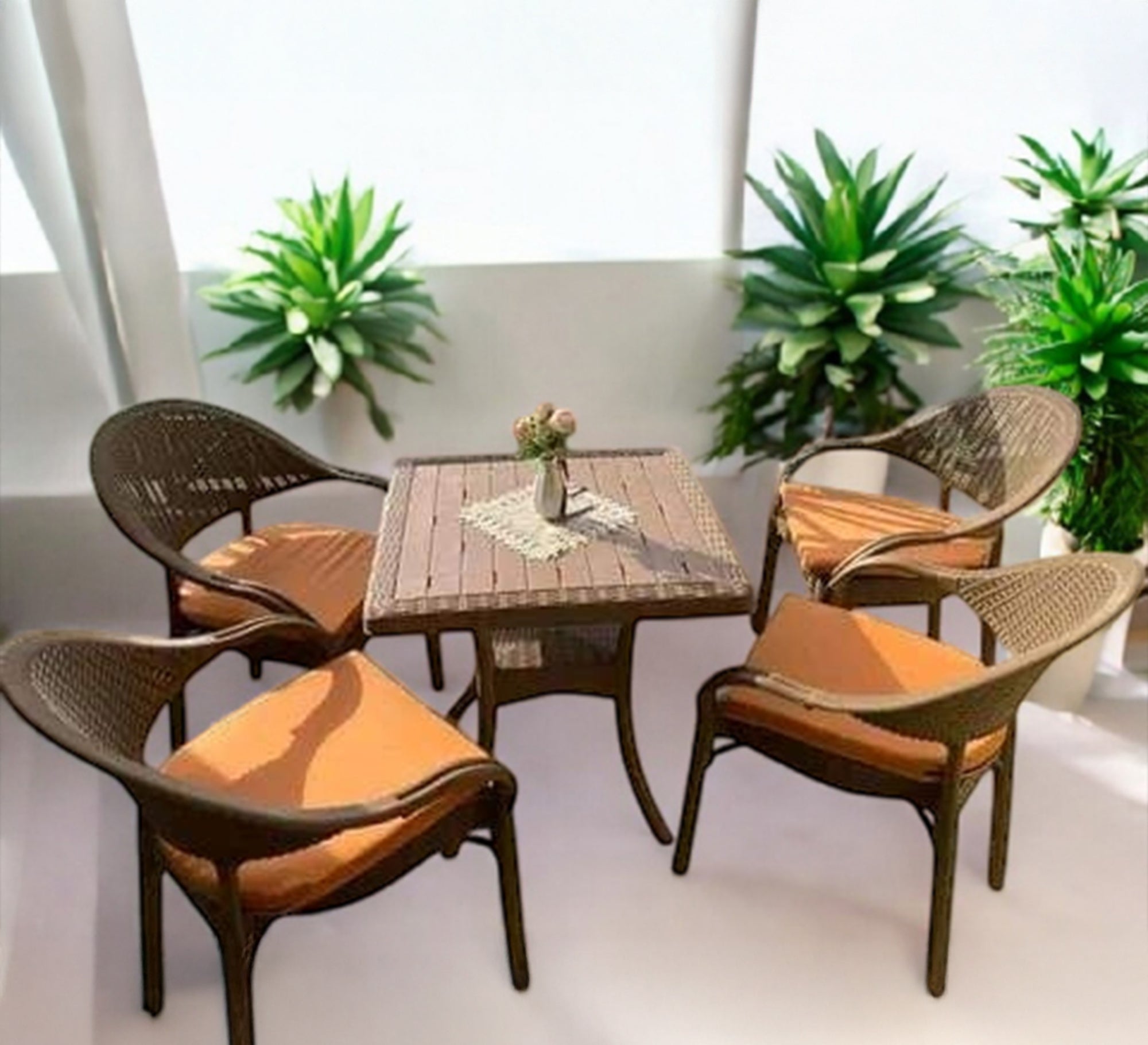 Elegant beige patio set with blue cushions - Vitrine Furniture - Outdoor Products