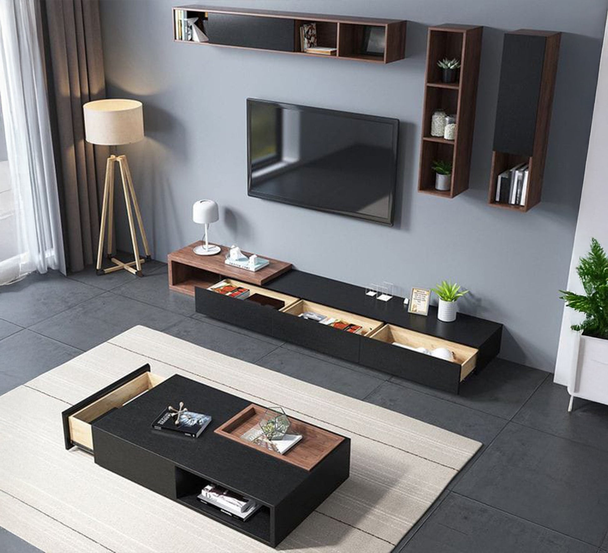 Elegant black and brown TV unit and coffee table - Vitrine Furniture - Furniture