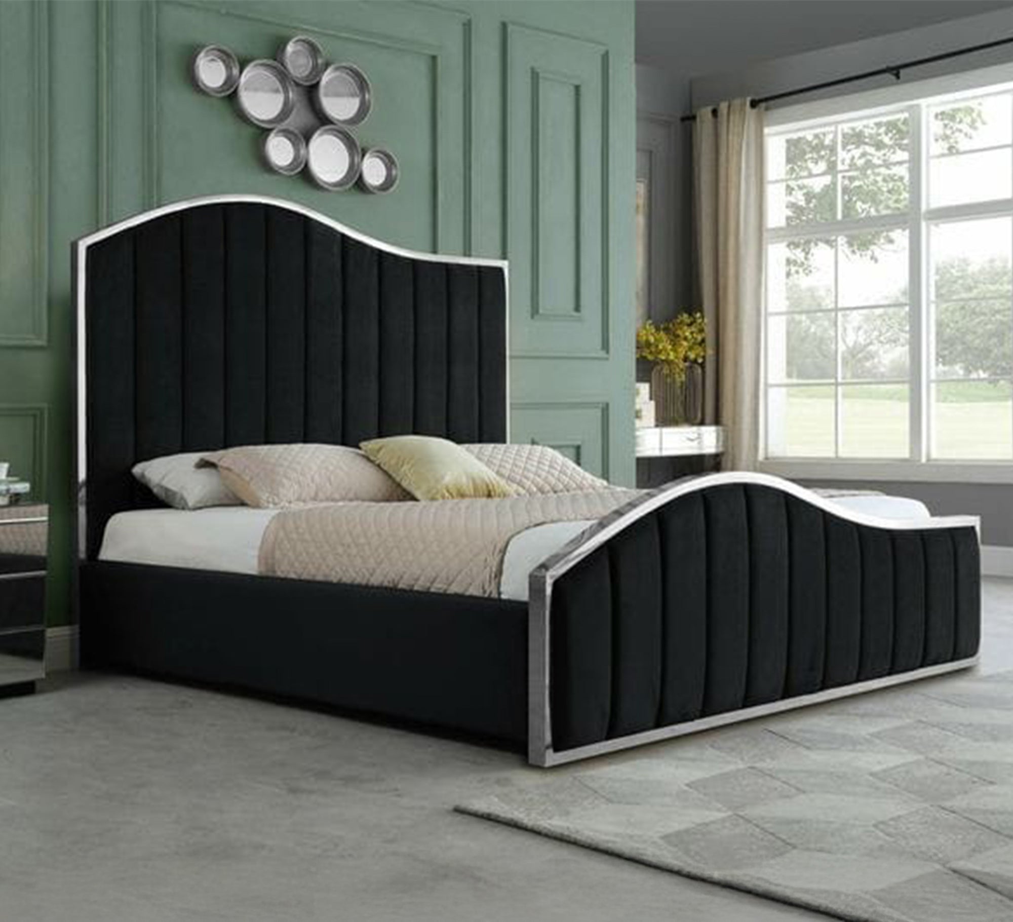 Elegant black bed with a high, curved back - Vitrine Furniture - Furniture