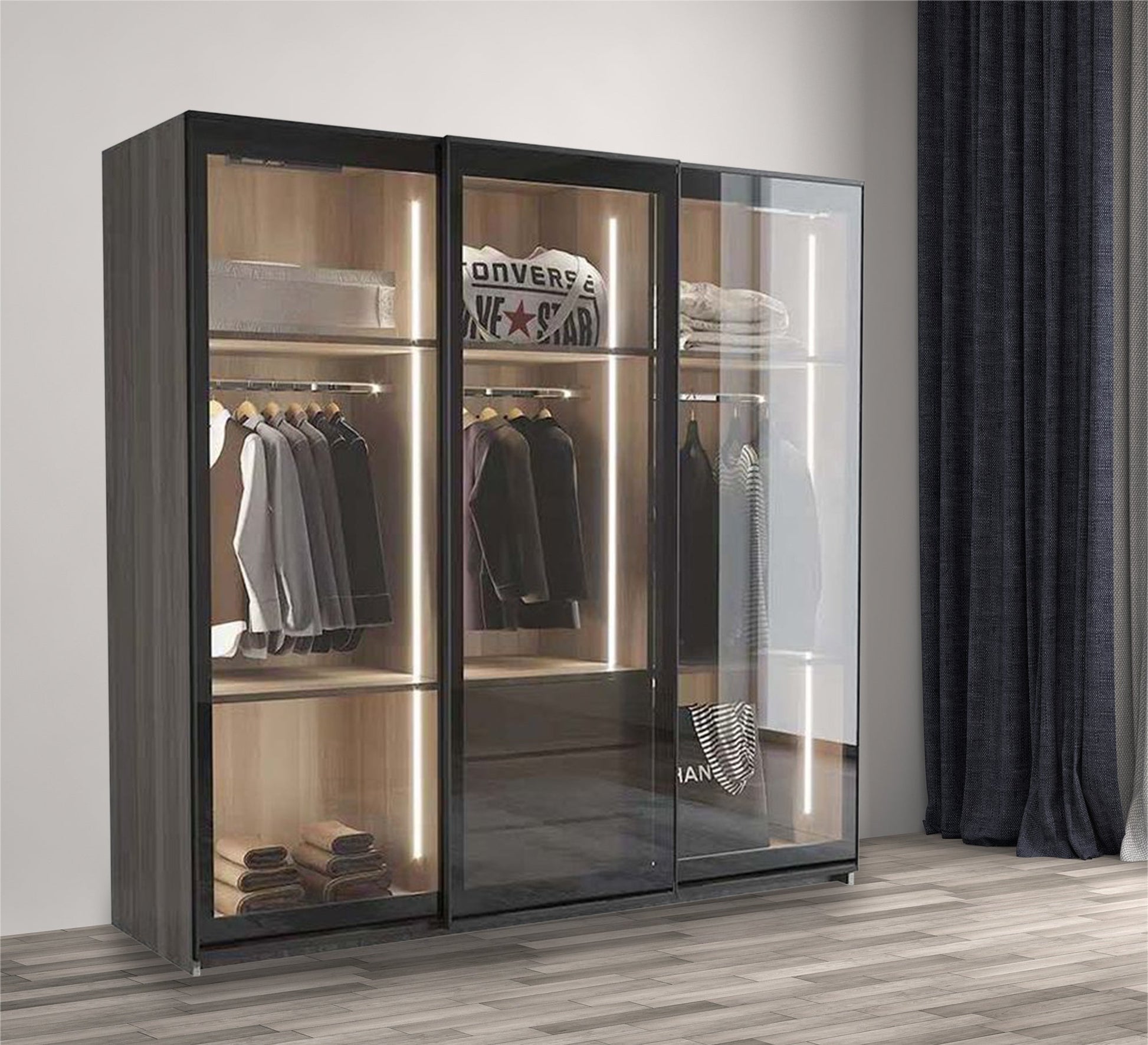 Elegant Black Wood Cupboard in Chic Design, Reflective Glass - Vitrine Furniture - Furniture