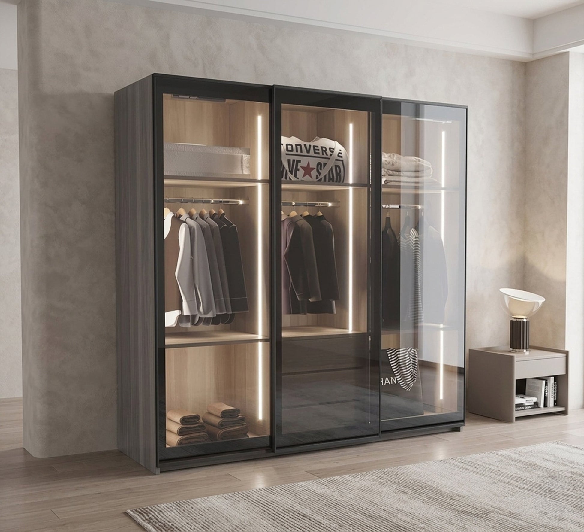 Elegant Black Wood Cupboard in Chic Design, Reflective Glass - Vitrine Furniture - Wardrobes