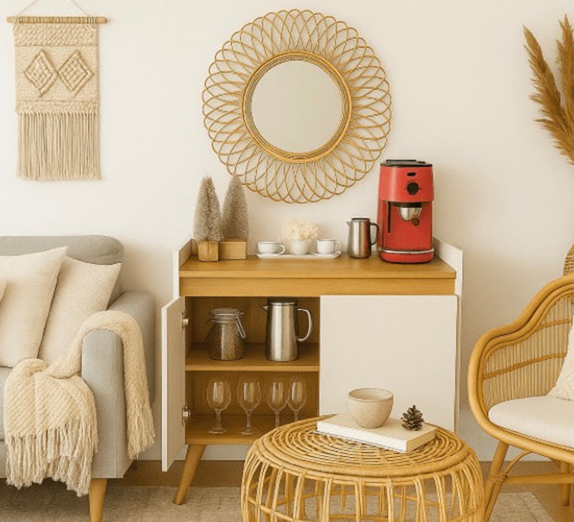 Elegant coffee corner with a wooden top and wooden legs - Vitrine Furniture - Coffee Corner