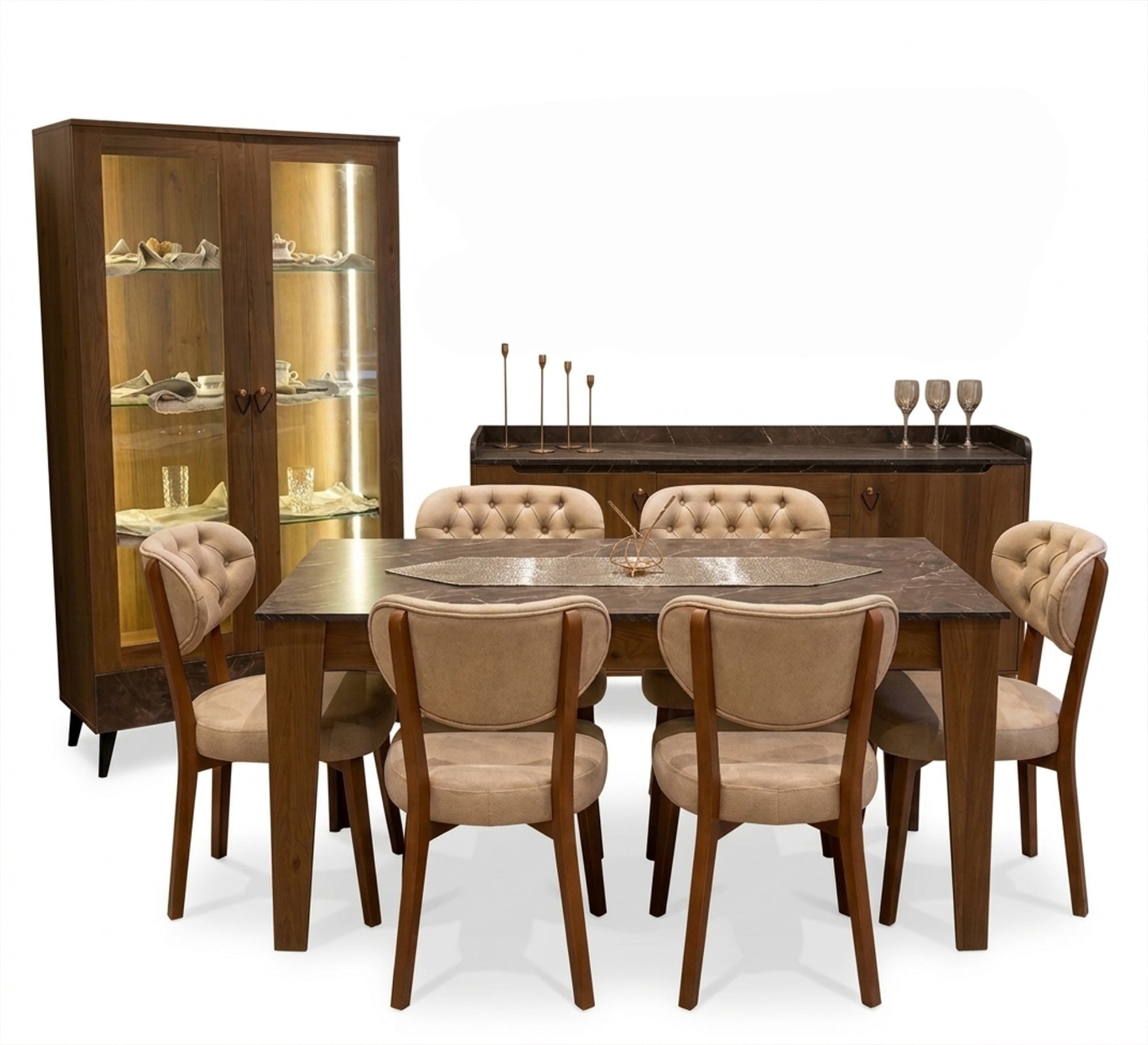 Elegant dining room in brown wood color - Vitrine Furniture - Dining Room Set