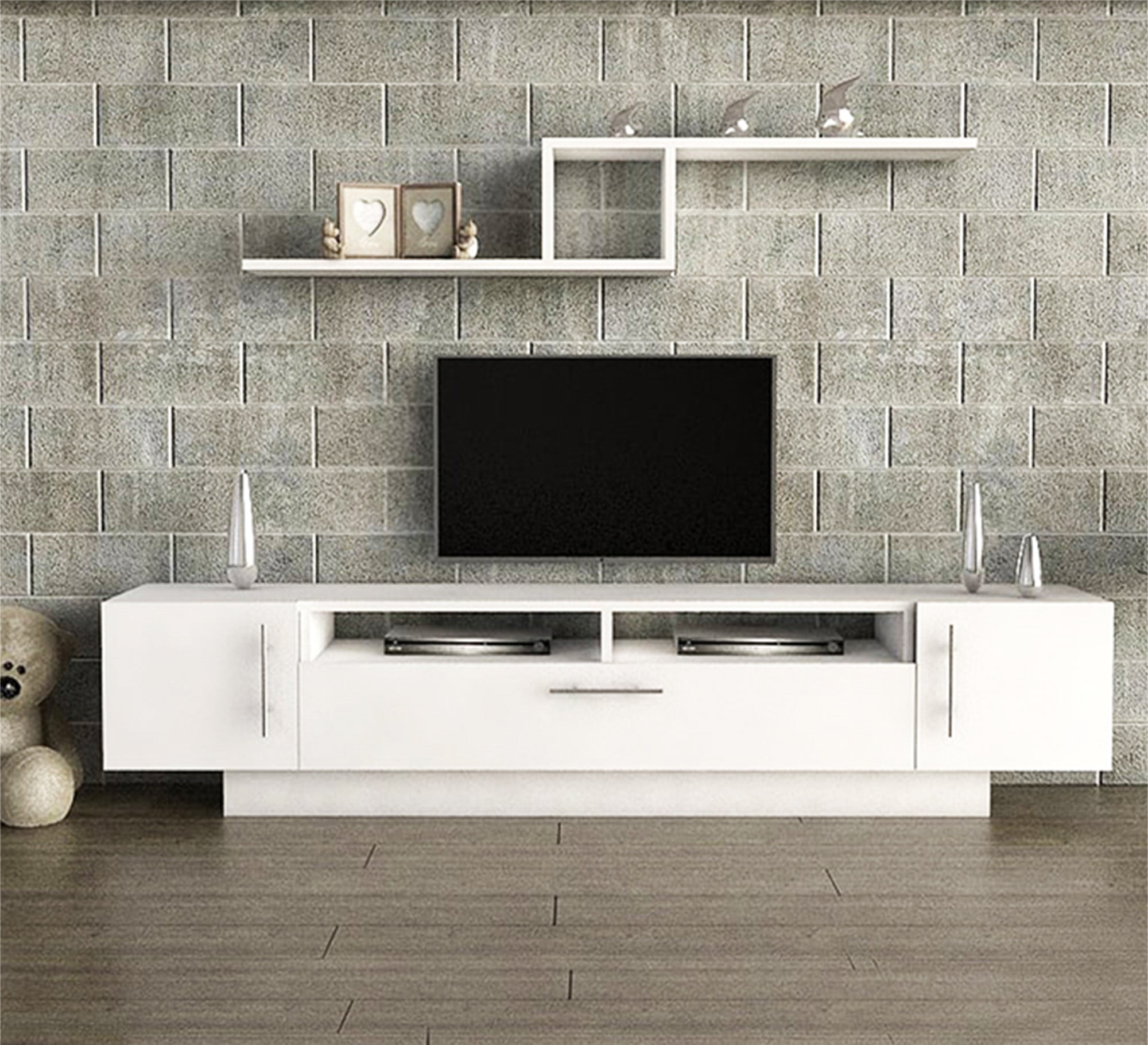 Elegant Home White TV Table: Sleek Design, Dual Shelves - Vitrine Furniture - Furniture