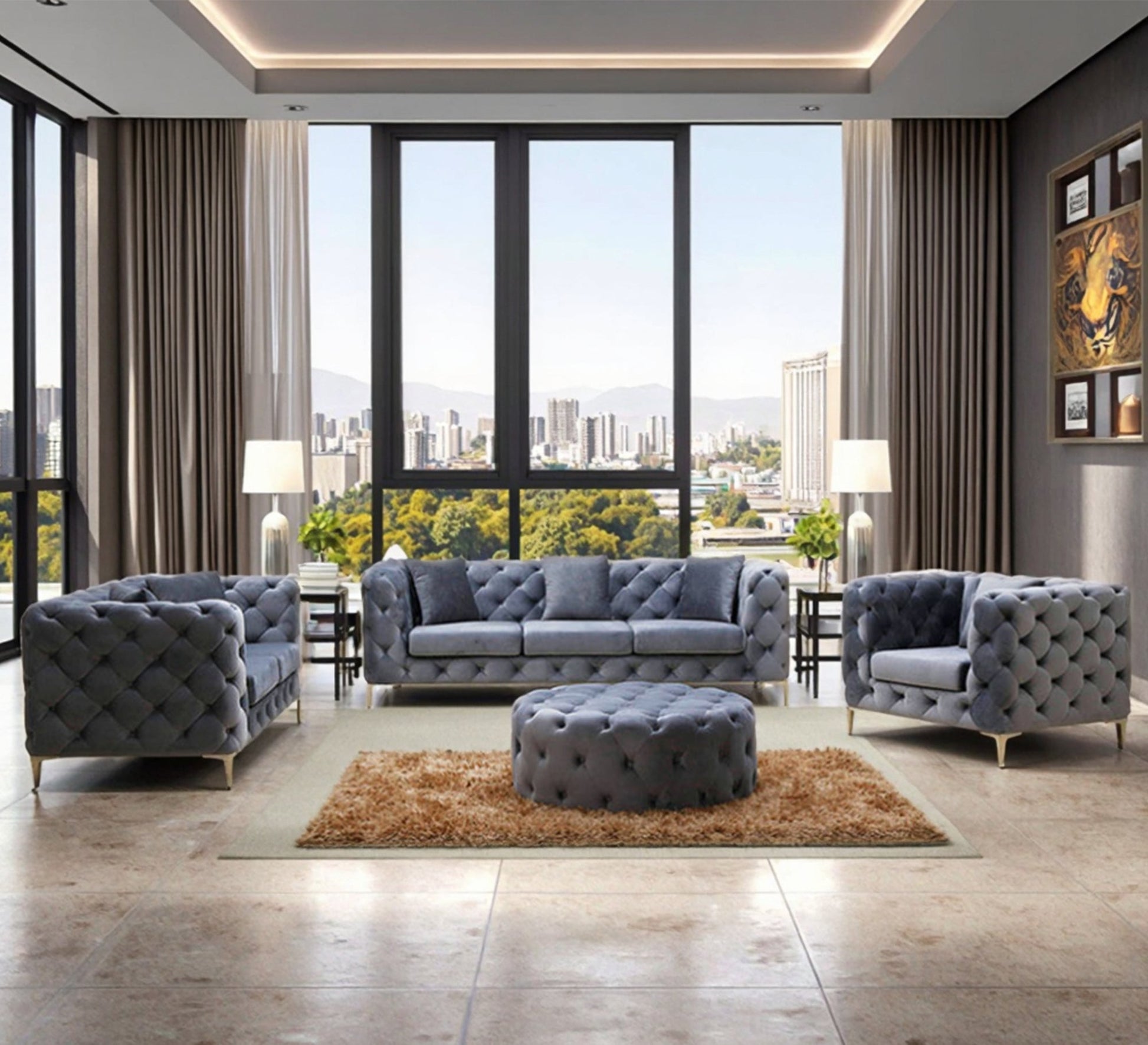 Elegant luxury grey velvet living room set - Vitrine Furniture - Furniture