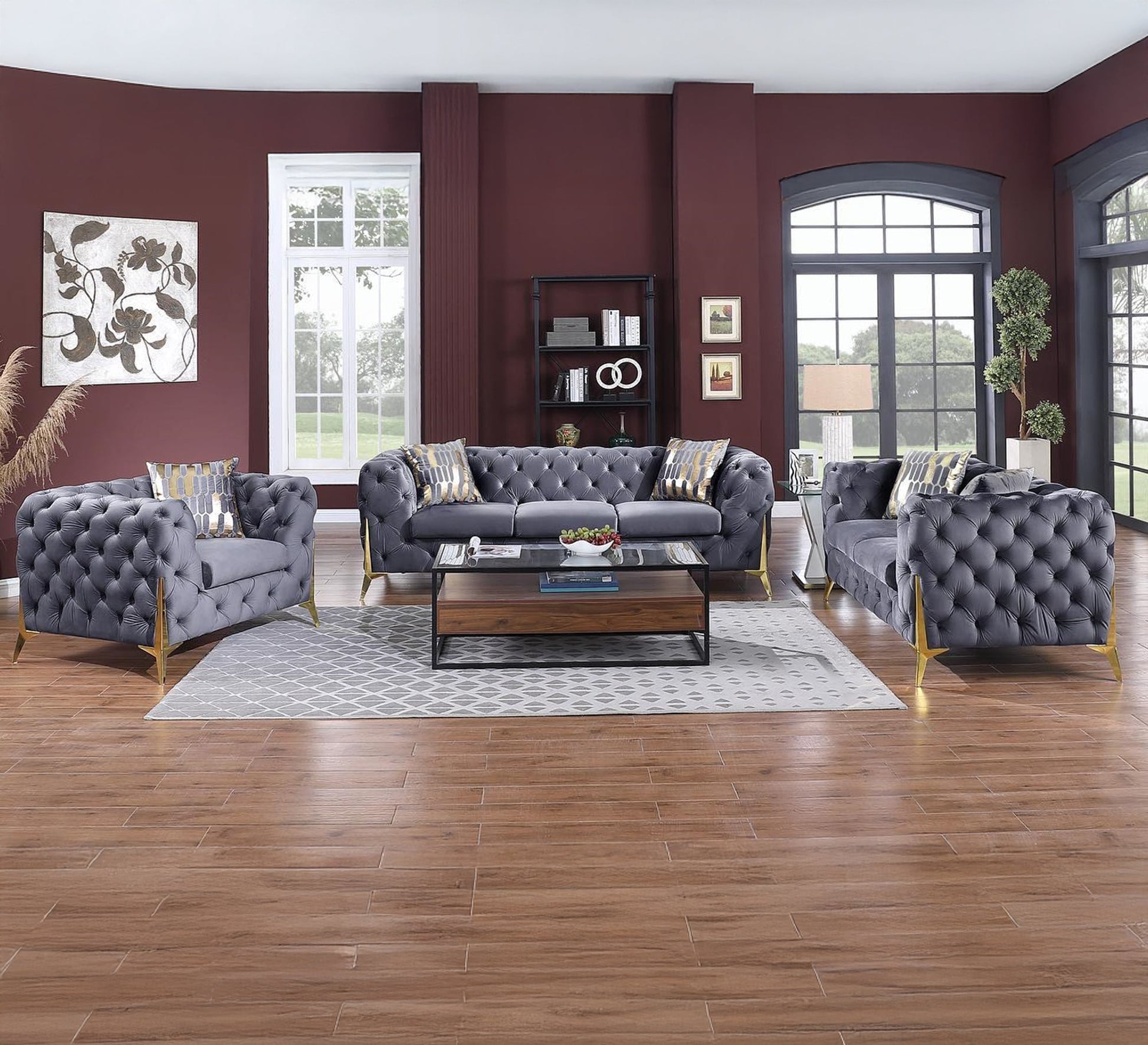 Elegant luxury grey velvet living room set - Vitrine Furniture - Furniture