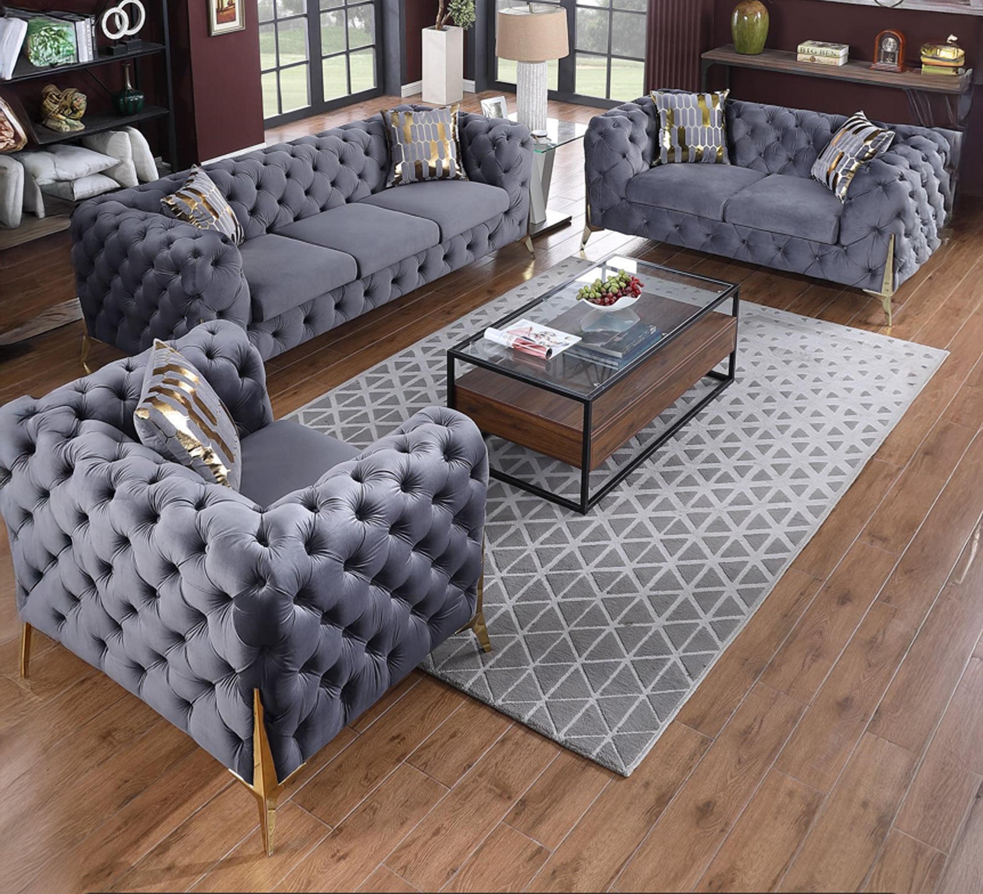 Elegant luxury grey velvet living room set - Vitrine Furniture - Furniture